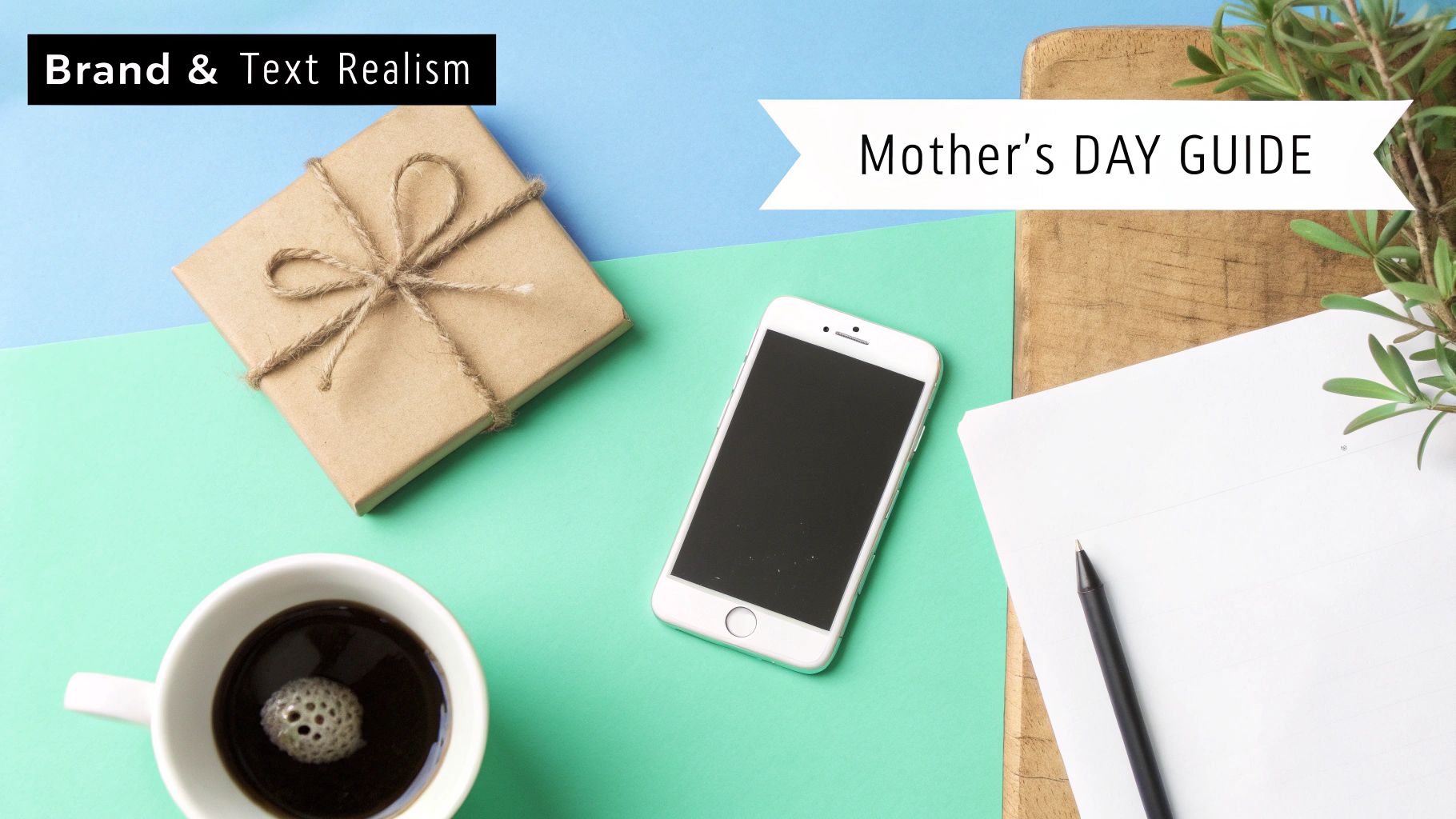 A flat lay for a Mother's Day guide showing a gift box, smartphone, coffee, and notebook on a two-tone background.