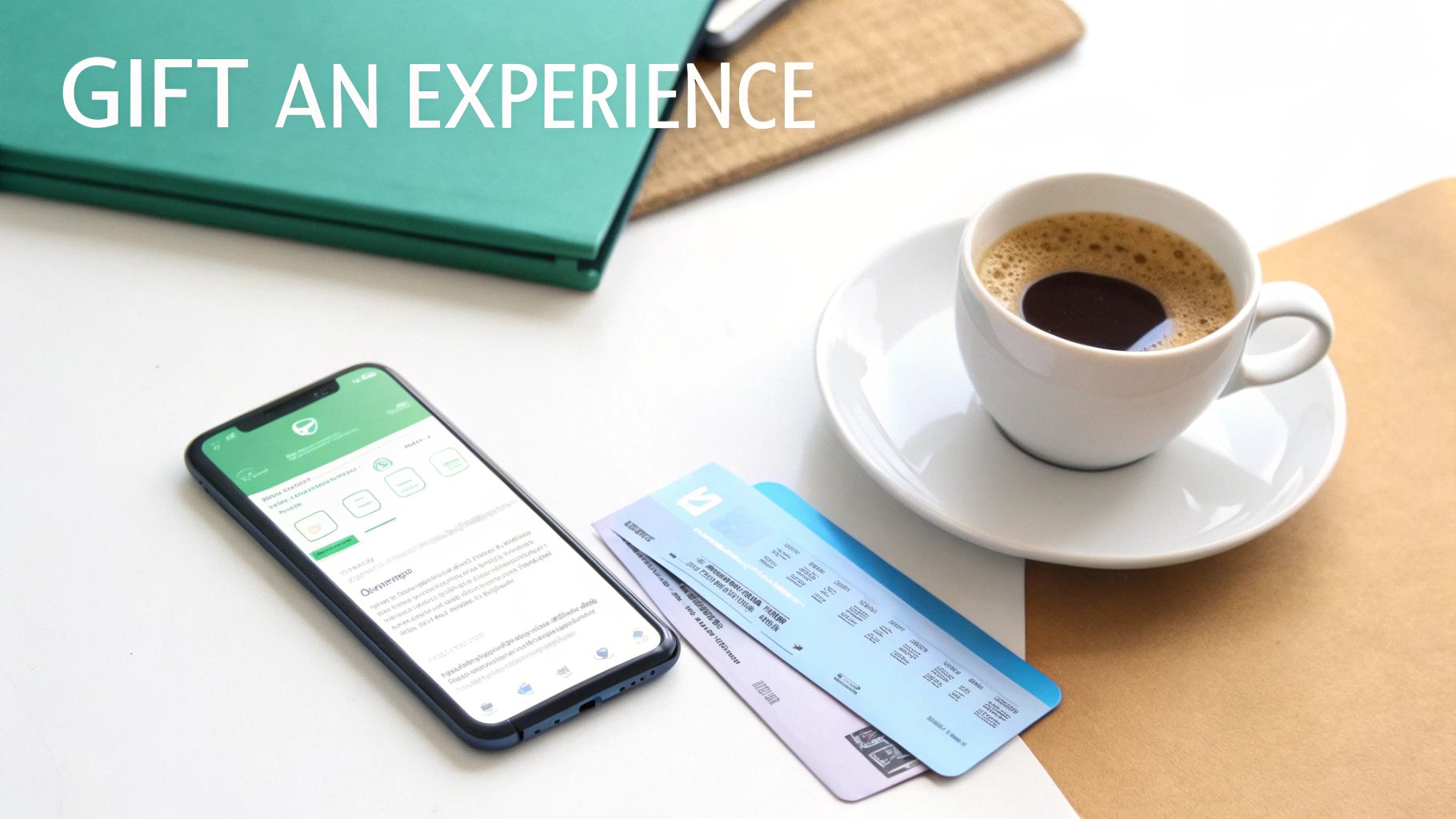 A flat lay of a desk with a smartphone, coffee, cards, a notebook, and 'GIFT AN EXPERIENCE' text.