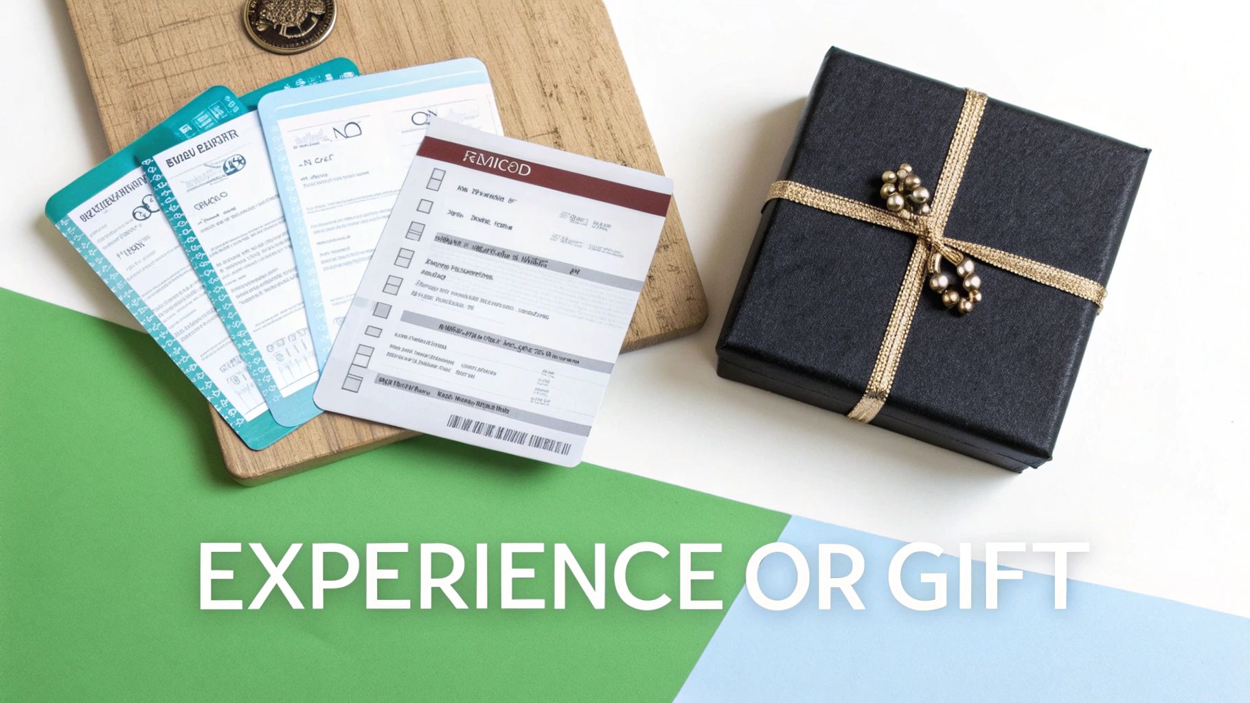Experience vouchers and a black gift box with gold ribbon on a wooden board, with text 'EXPERIENCE OR GIFT'.