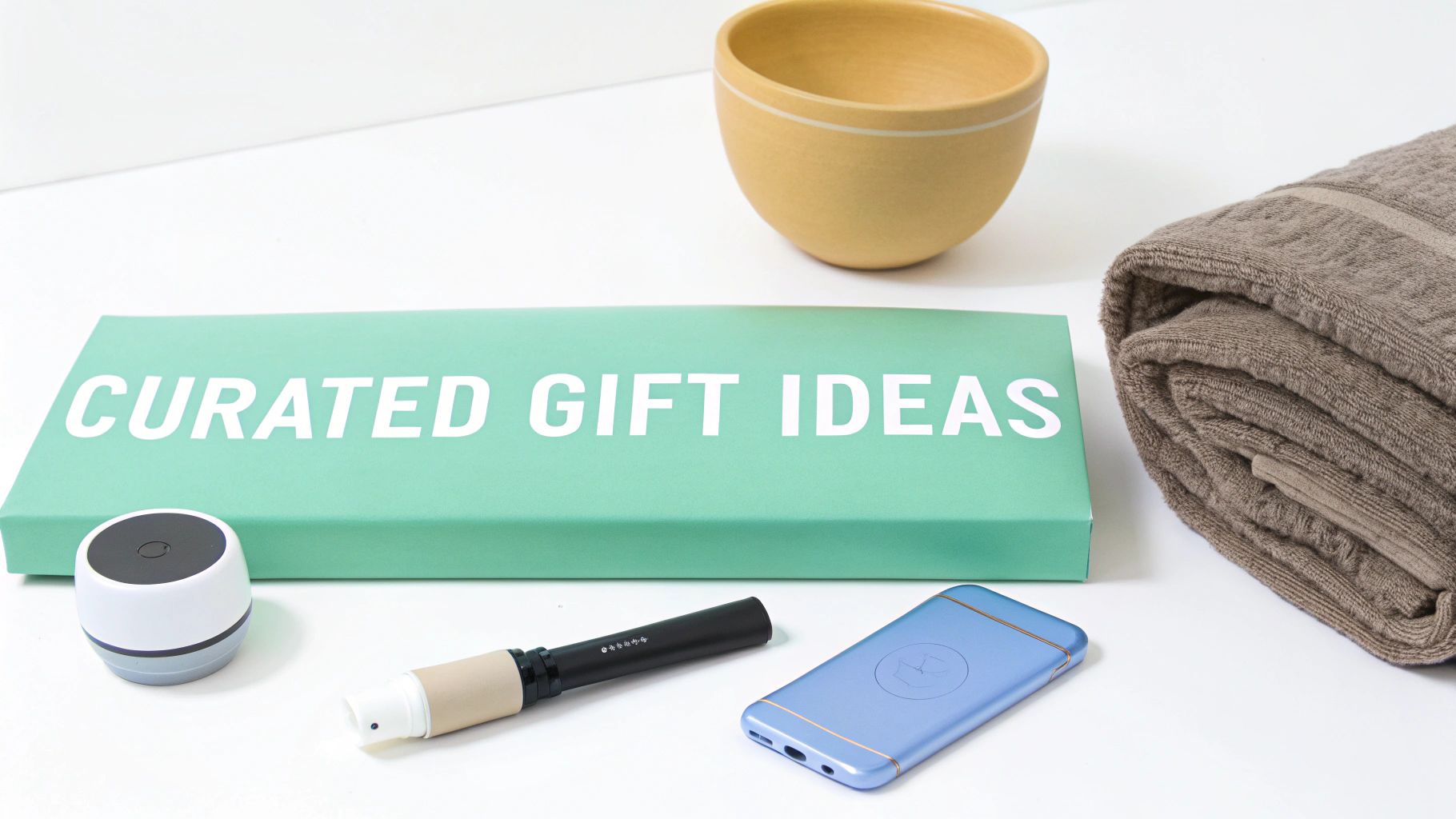 A flat lay of various curated gift ideas including tech gadgets, a bowl, and a rolled towel.