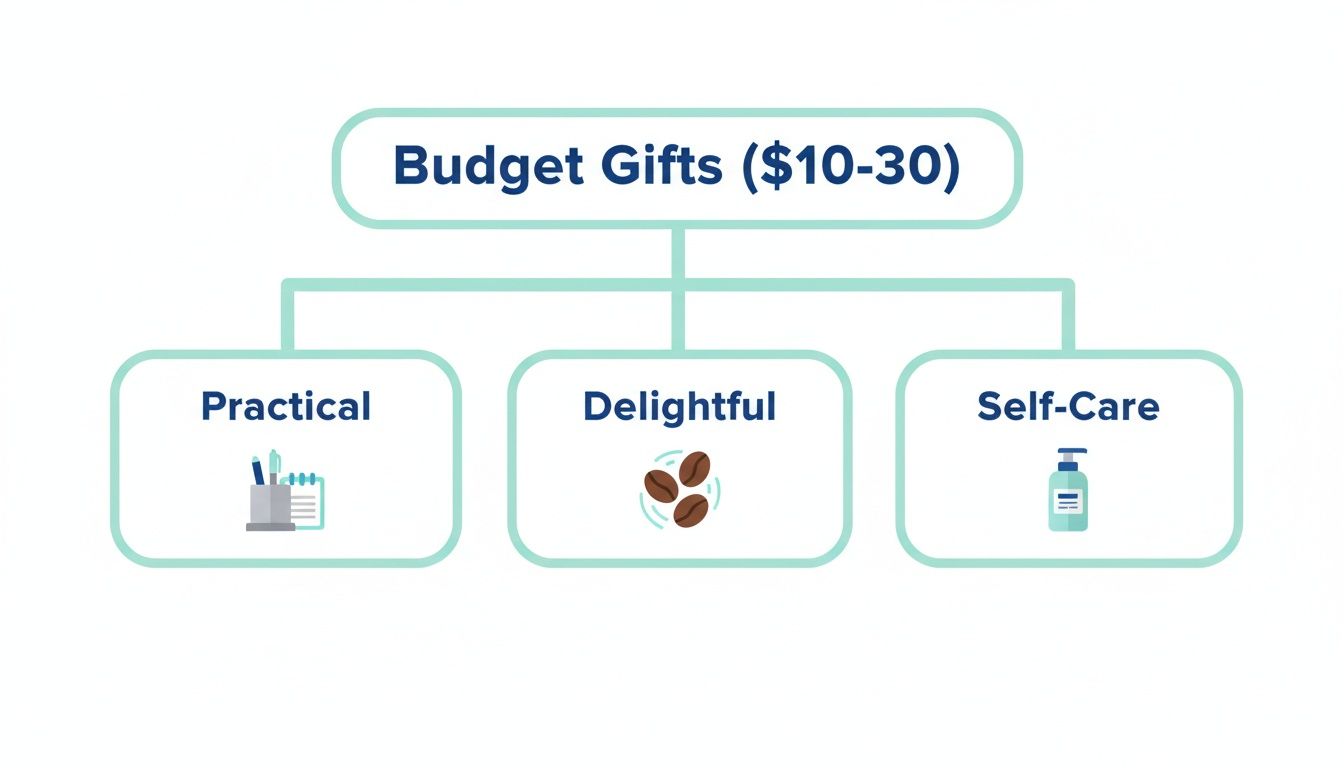A diagram showcasing budget gift ideas ($10-30) categorized into practical, delightful, and self-care options.