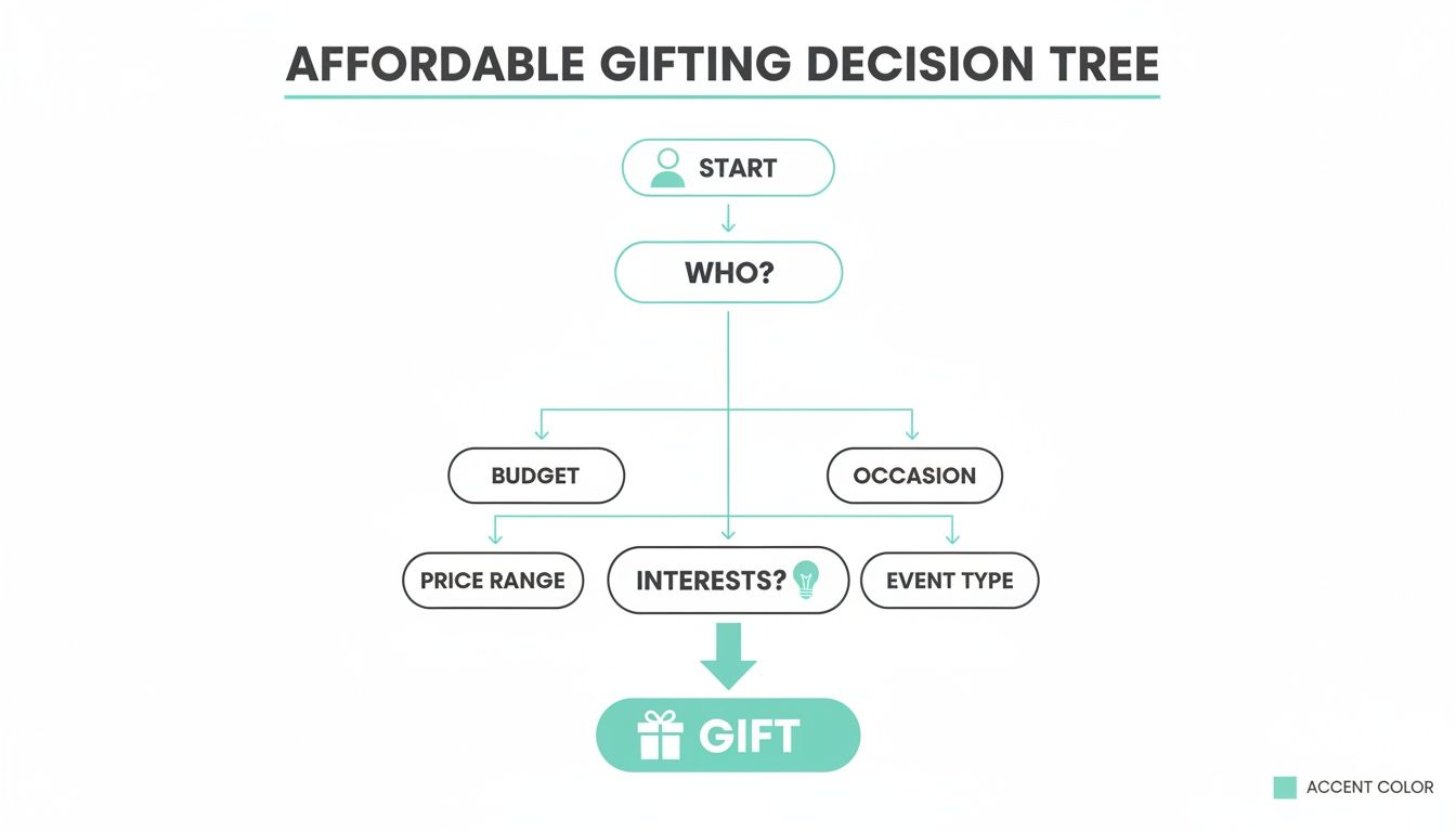 Flowchart showing an affordable gifting decision tree, guiding users from 'start' to 'gift'.