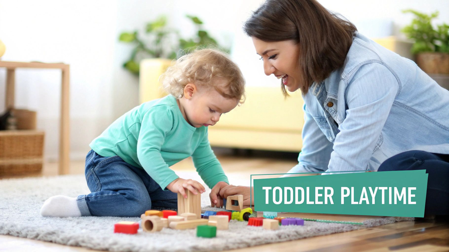 A happy mother and a toddler are playing together with colorful wooden blocks and toys on a rug.