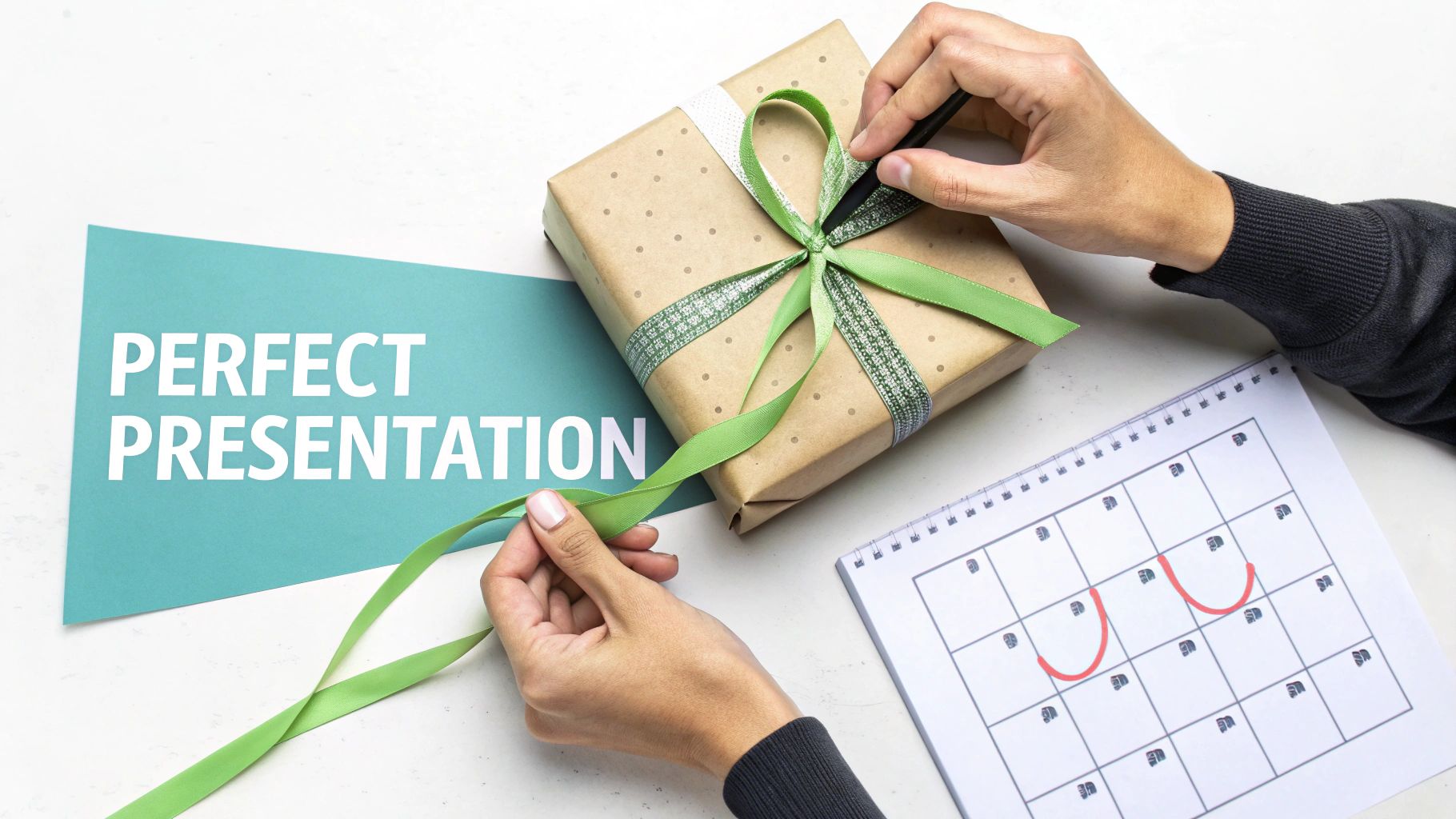 Overhead view of hands wrapping a gift with a green ribbon, a 'Perfect Presentation' sign, and a calendar.