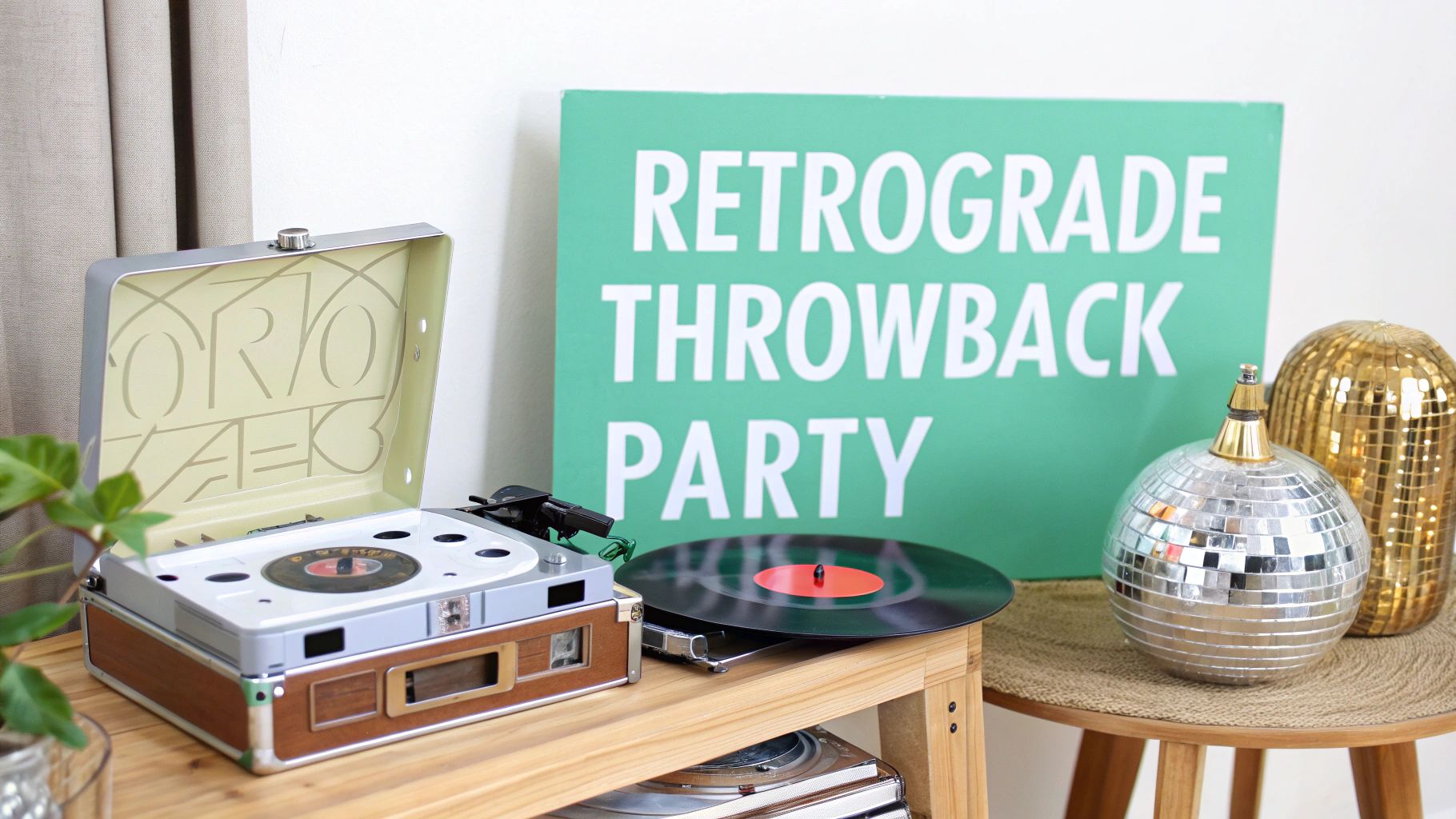 A retro party setup with a record player, vinyl record, 'Retrograde Throwback Party' sign, and disco balls.