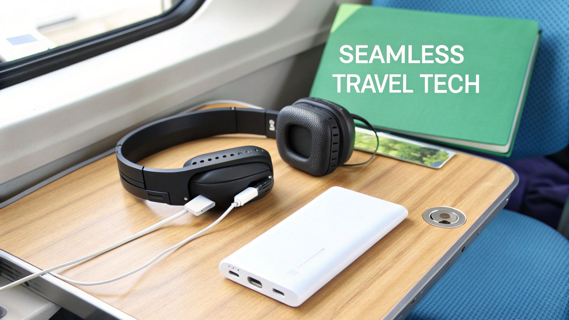 A woman using noise-cancelling headphones on a plane