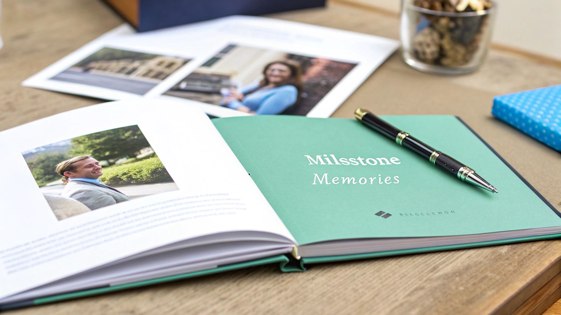 An open memory book with a smiling man's photo, a pen, and 'Milssstone Memories' on the cover.