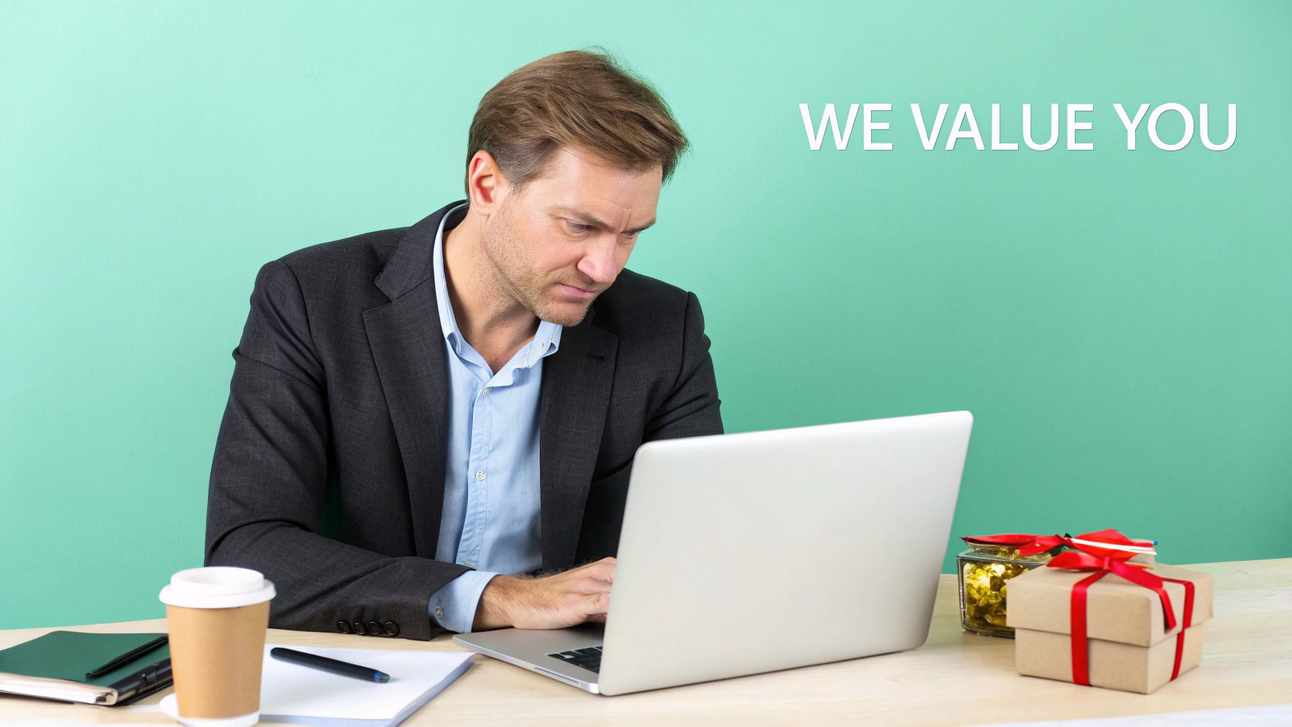 Businessman focused on laptop at a desk with coffee and gift boxes, "WE VALUE YOU" above.