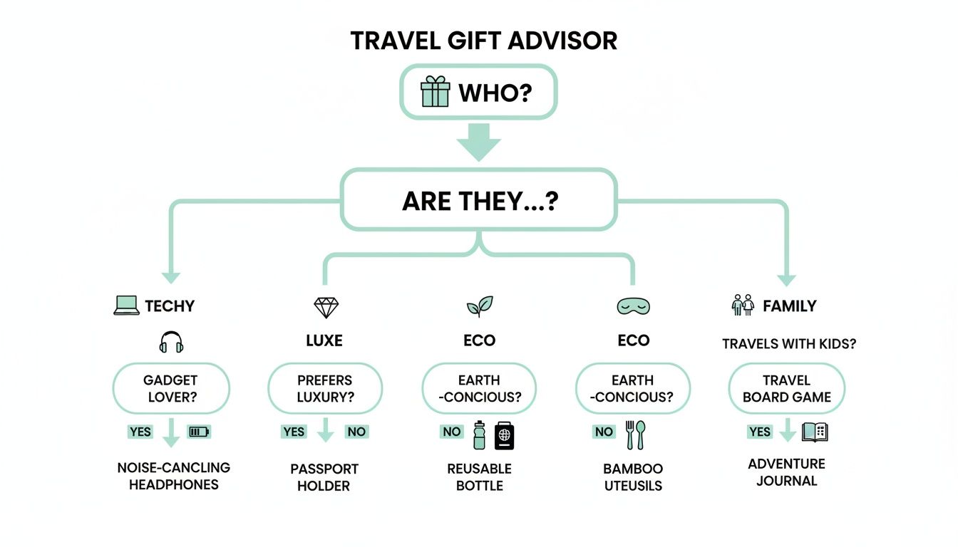 A travel gift advisor flowchart suggesting gift ideas for techy, luxe, eco, and family travelers.