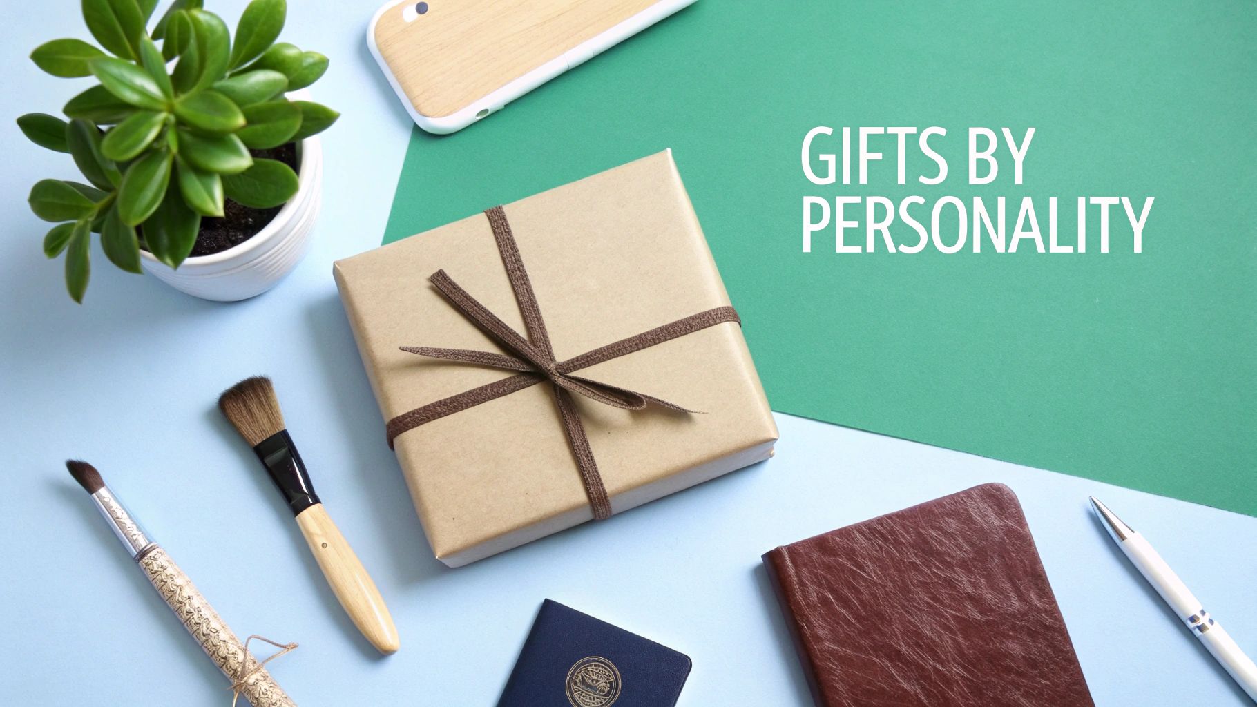 Overhead view of a gift box, plant, and creative items on a two-tone background with text: GIFTS BY PERSONALITY.