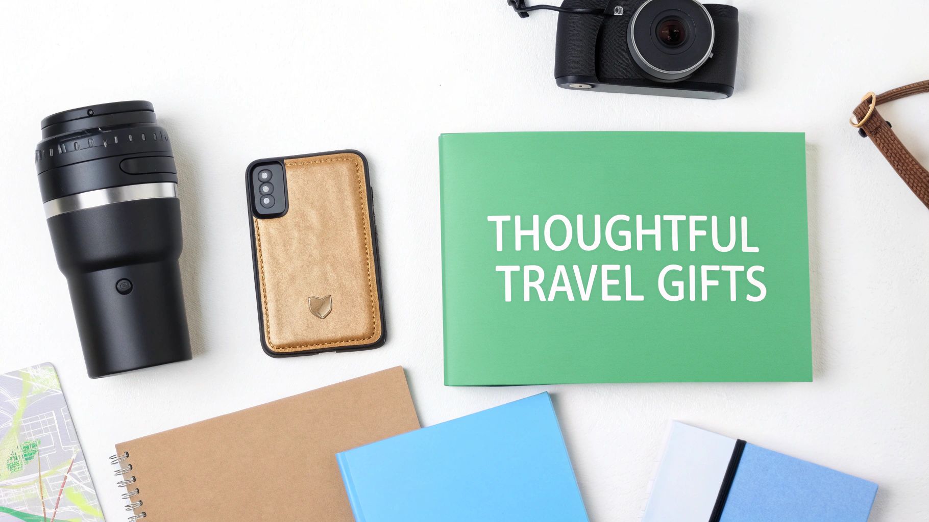 A flat lay showcasing thoughtful travel gifts, including a camera, mug, phone, and notebooks.