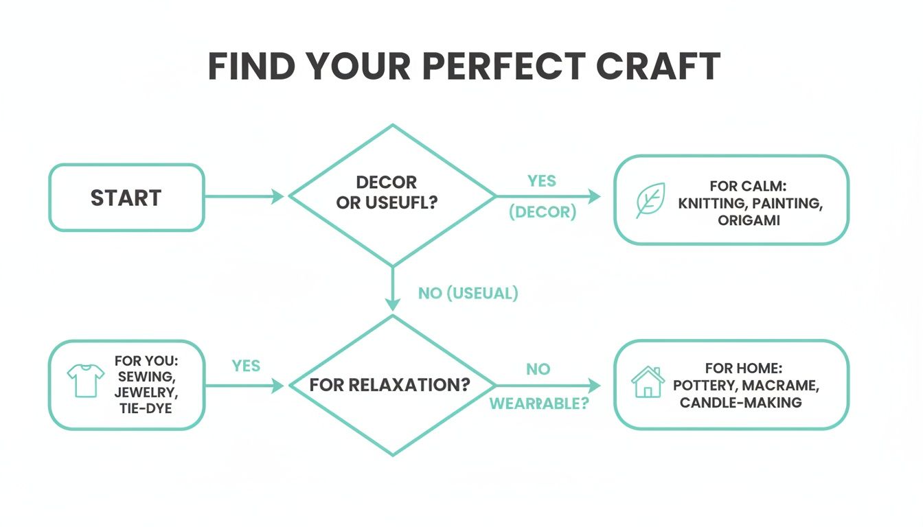 A flowchart titled 'Find Your Perfect Craft' guiding users through choices for different DIY projects.