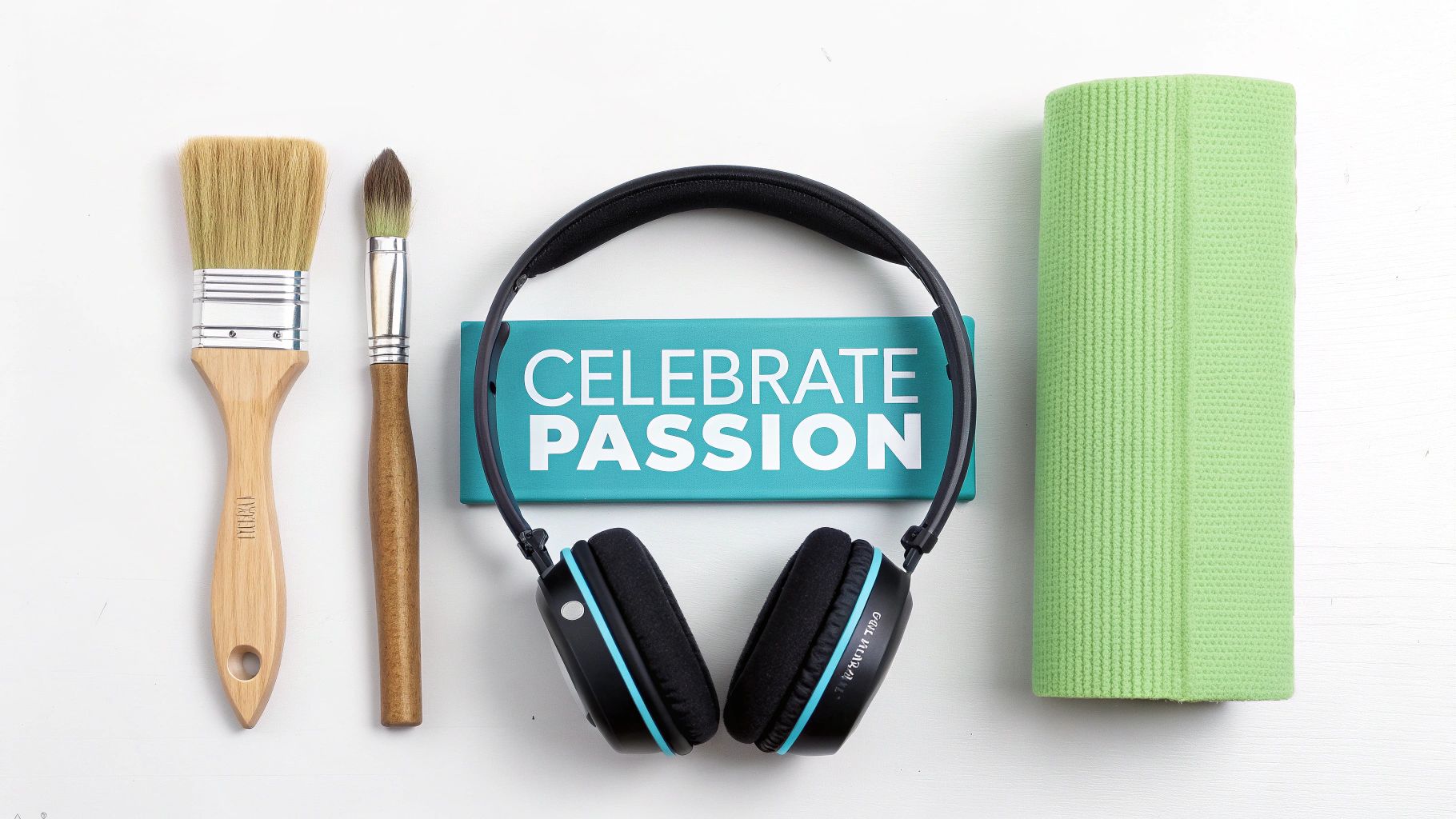 A flat lay shows paint brushes, headphones, a yoga mat, and a 'CELEBRATE PASSION' sign.