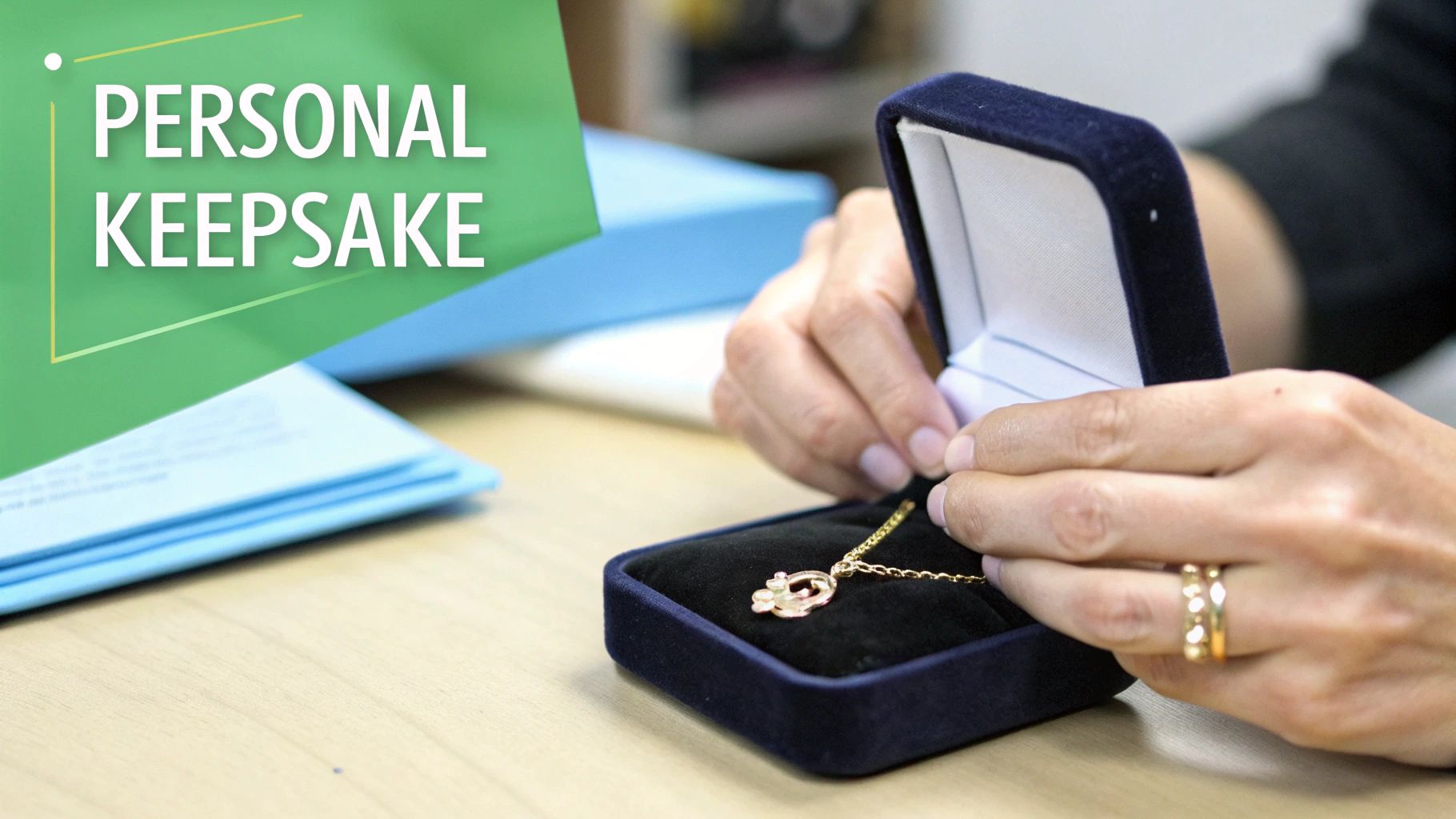 Hands open a blue velvet box to reveal a beautiful gold necklace, a personal keepsake.