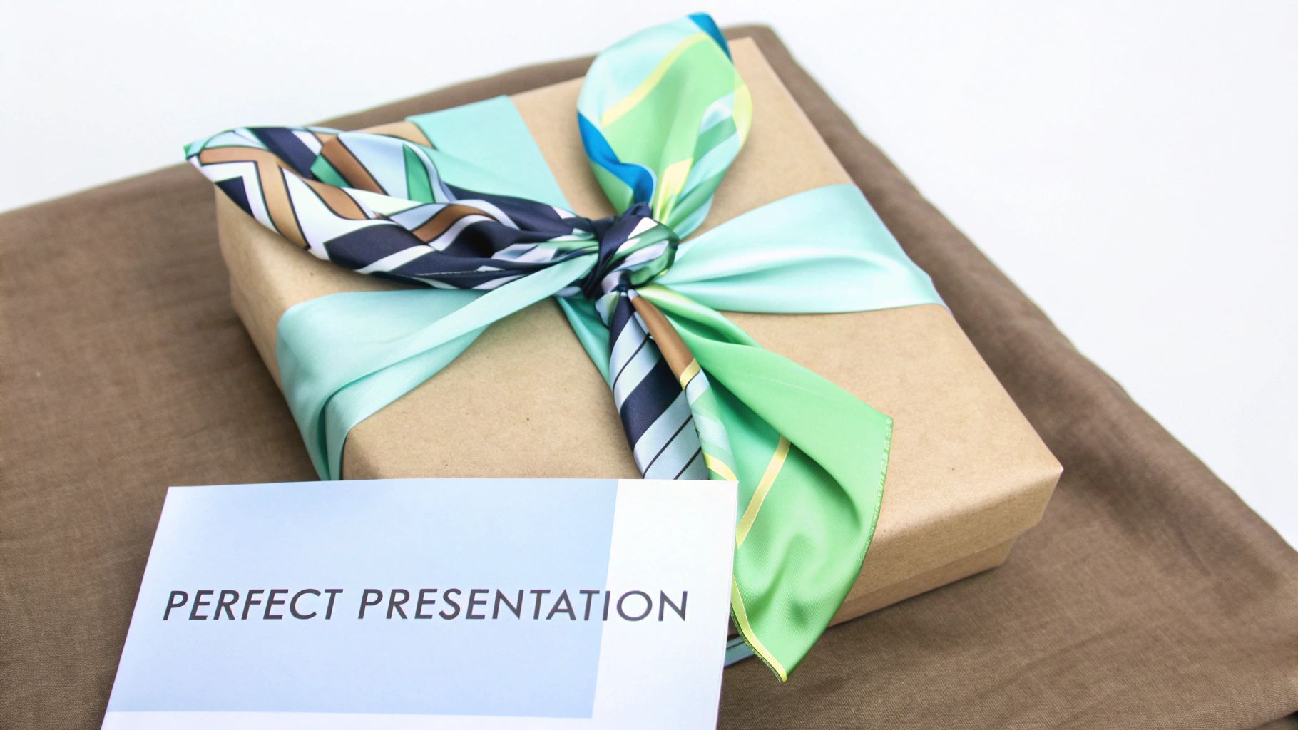 Elegant gift box wrapped in kraft paper with colorful silk scarf bow and presentation card