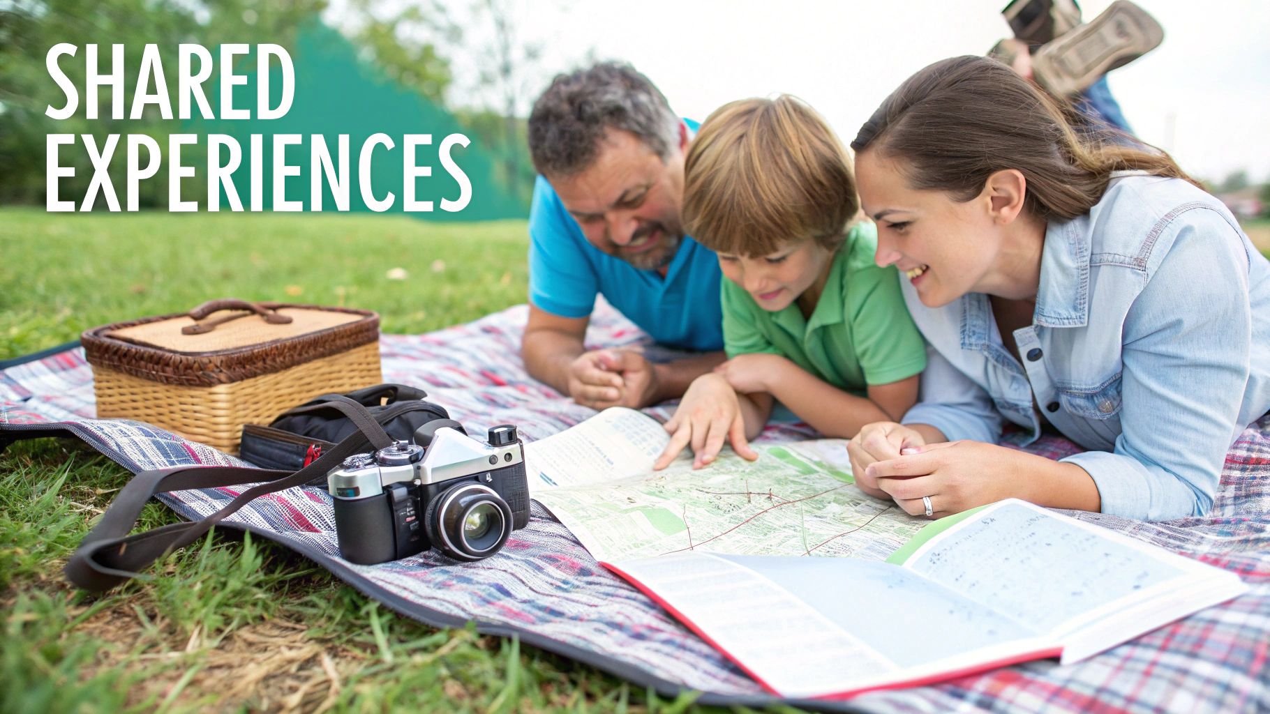 A family on a picnic blanket looks at a map together, enjoying shared outdoor experiences.