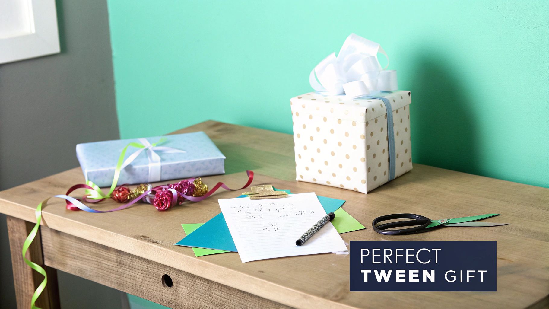 Two wrapped presents, ribbons, colorful candies, a braille note, and scissors on a wooden table, ready for gifting.
