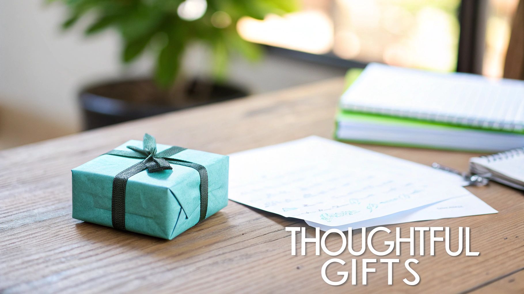 A teal gift box with a green ribbon next to a handwritten note on a wooden table.