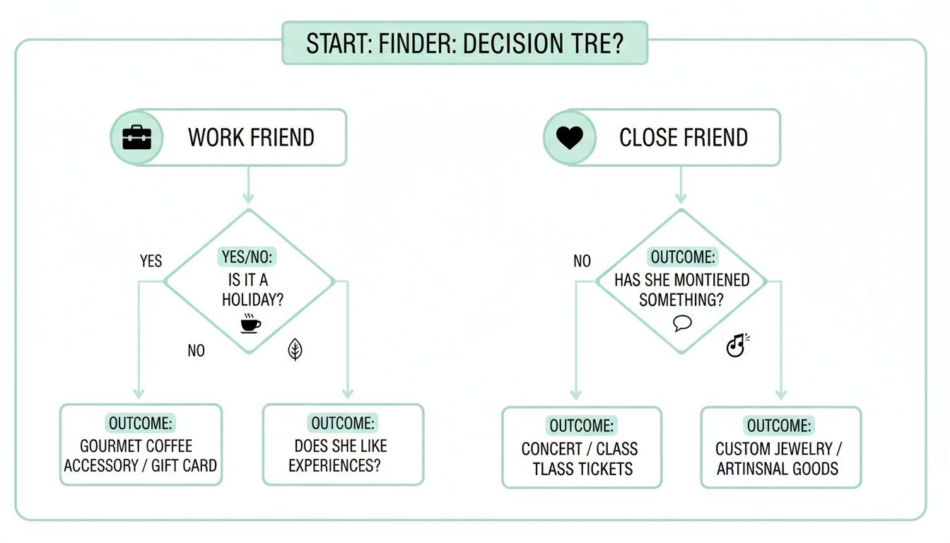 A decision tree flowchart providing gift ideas for both work friends and close friends.