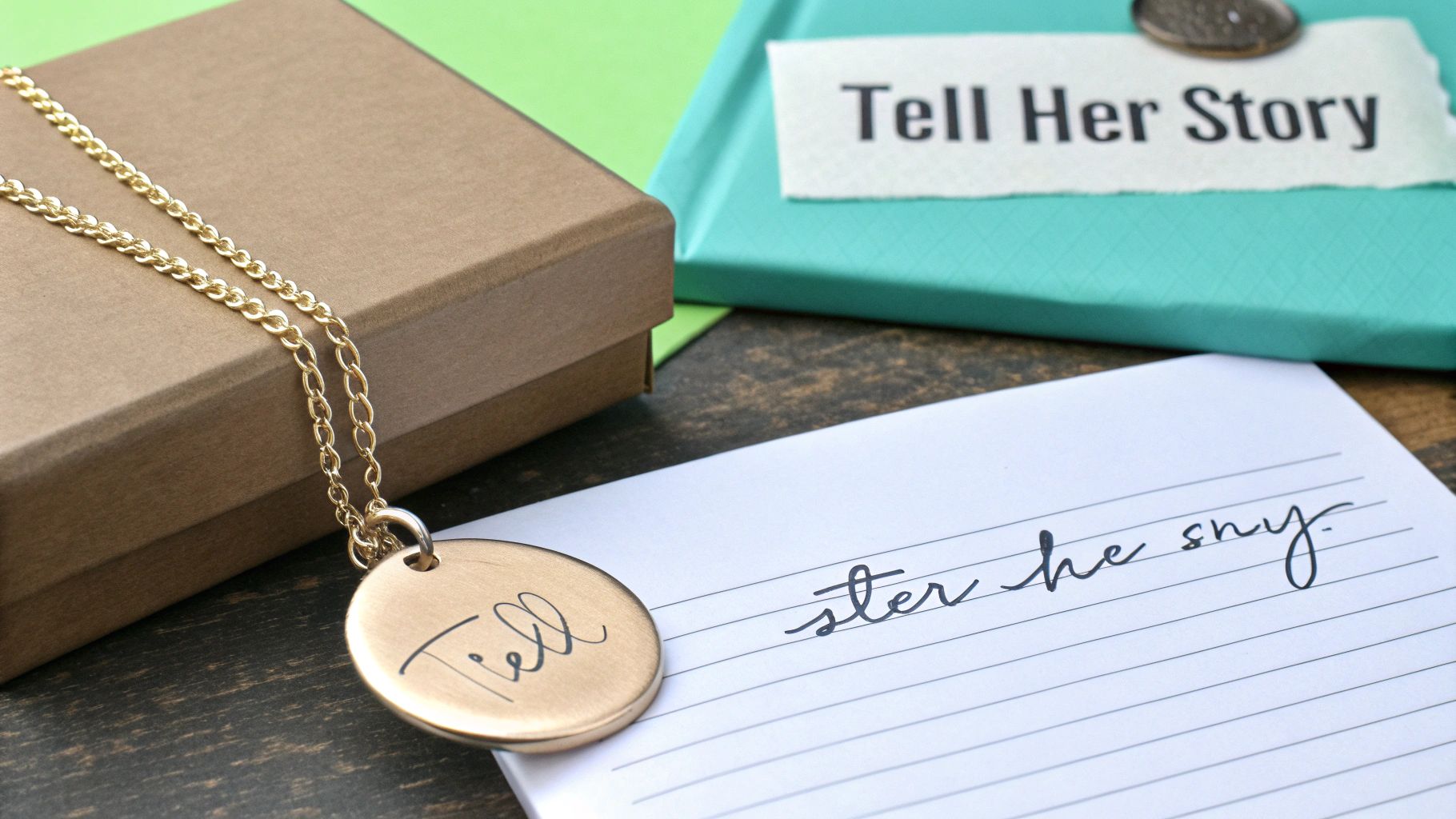 Personalized gold necklace pendant with handwritten message on lined paper beside Tell Her Story book