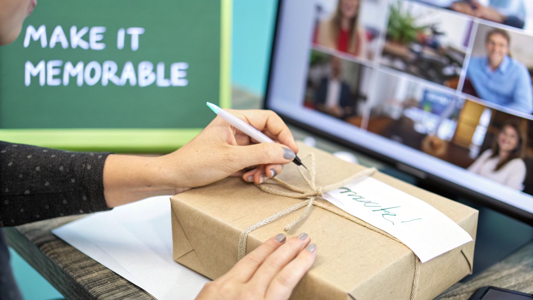 Hands writing a note on a neatly wrapped gift box, with a video conference on screen and a "MAKE IT MEMORABLE" sign in the background.