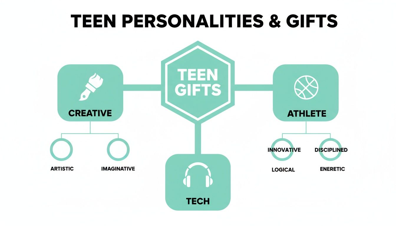 A diagram illustrating teen personalities and gifts, categorized into creative, athlete, and tech with attributes.