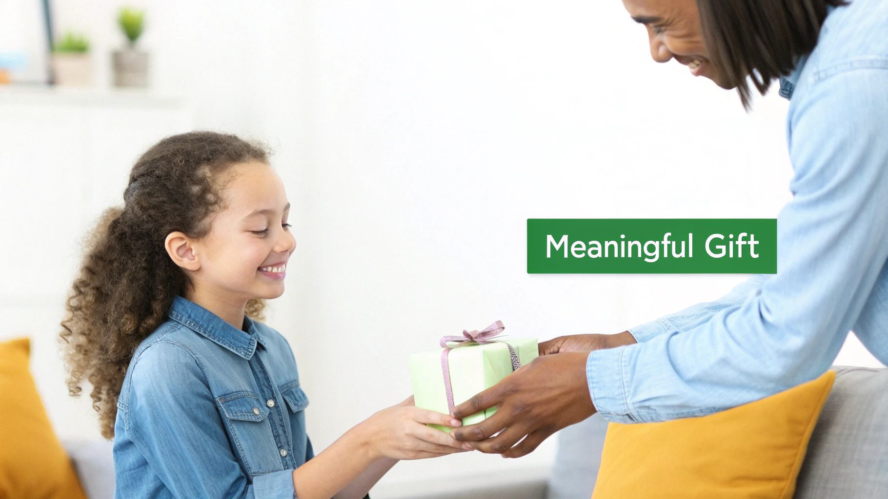A smiling young girl with curly hair receives a light green gift from an adult's hands.