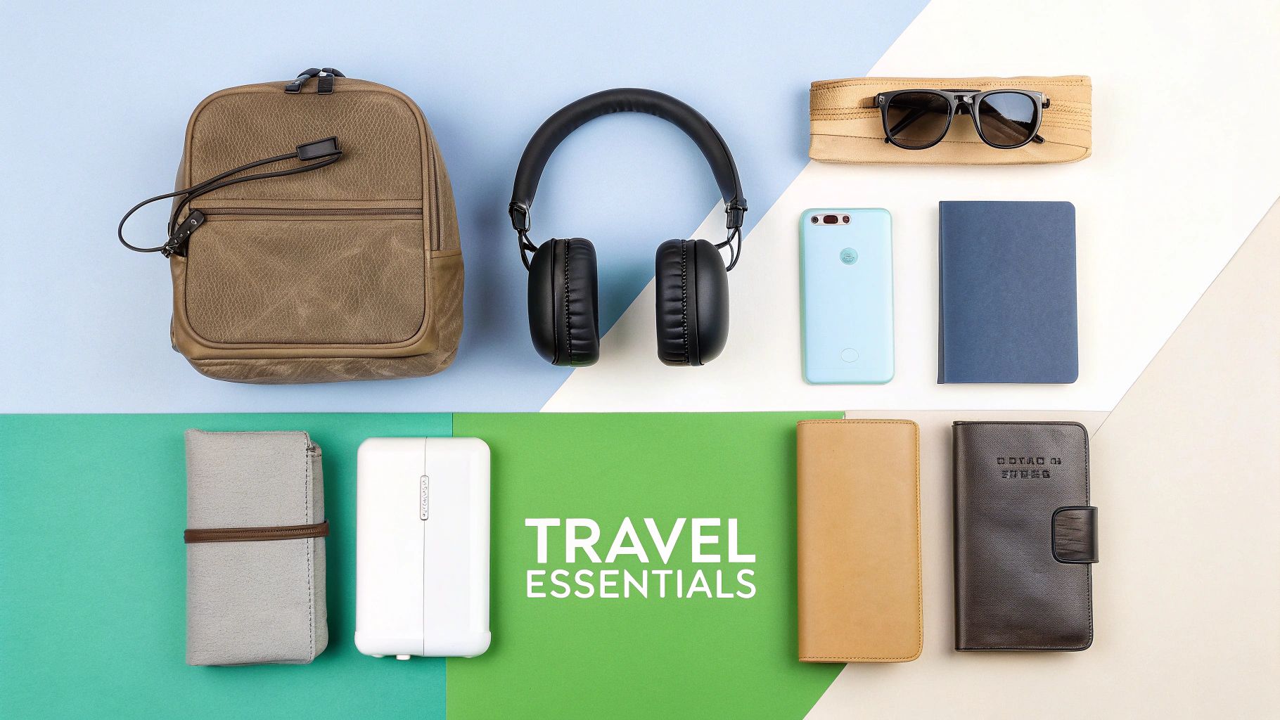 Flat lay of various travel essentials: backpack, headphones, sunglasses, phone, notebooks, power bank, and wallets.