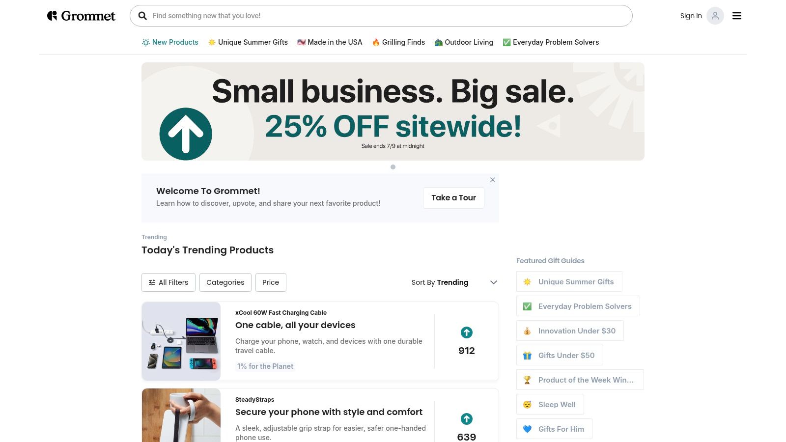 The Grommet website homepage showcasing a variety of innovative products.