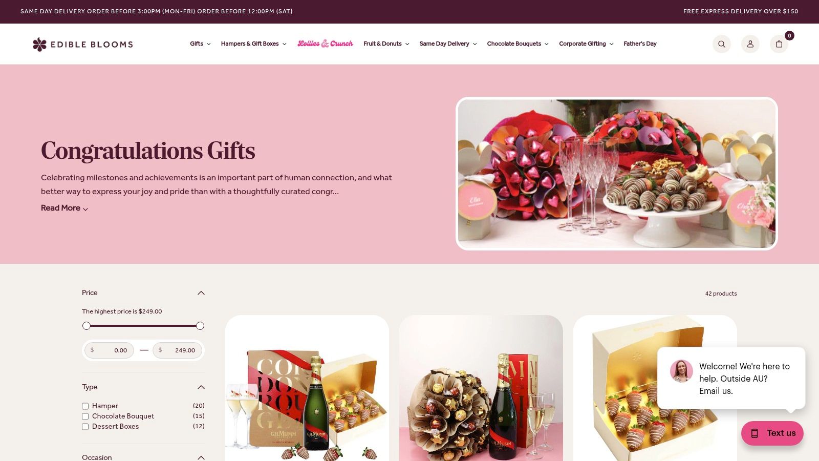Edible Blooms website homepage featuring various chocolate bouquets and gift hampers.