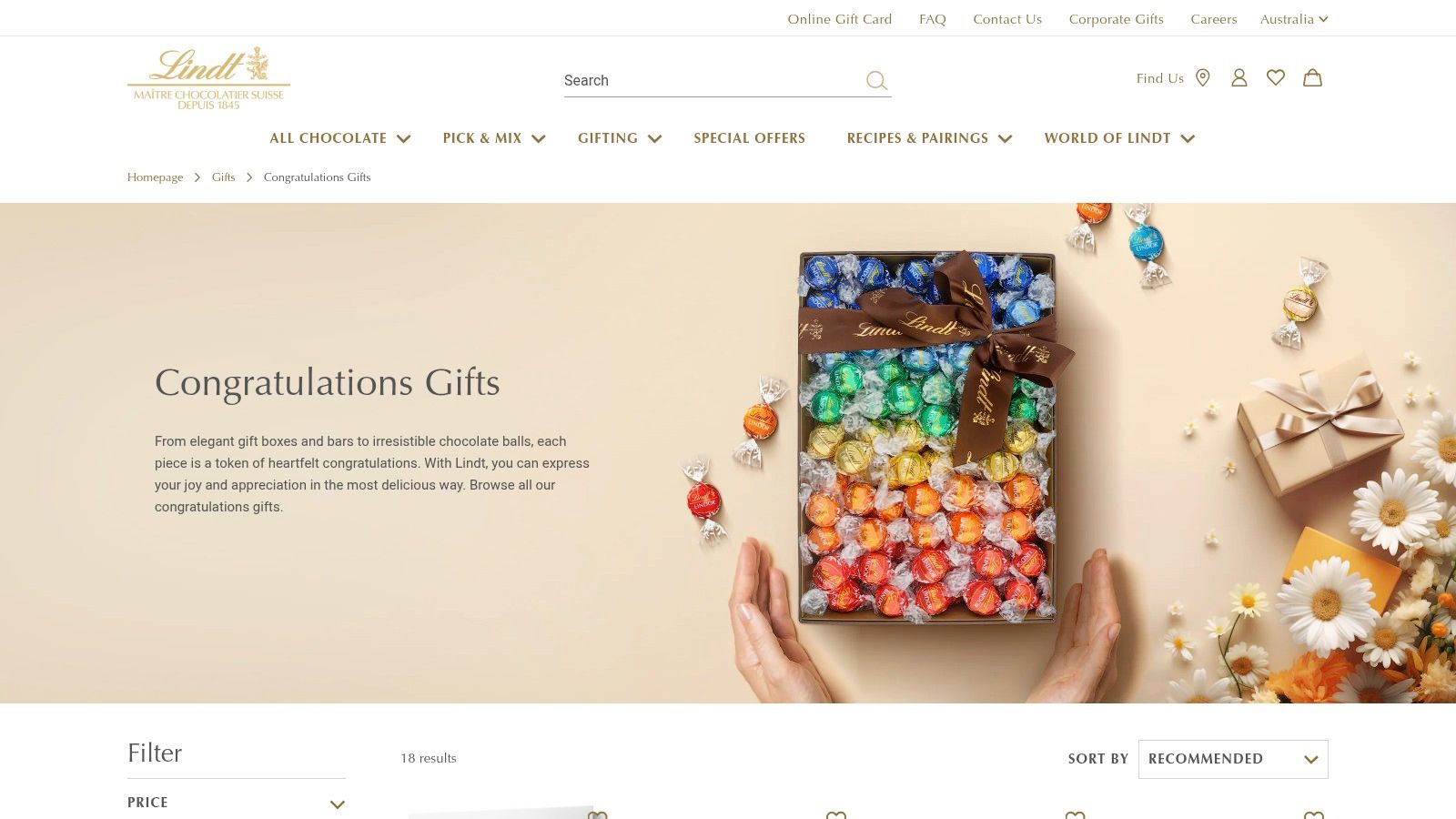Lindt Australia website homepage showcasing a variety of chocolate gift boxes and products.