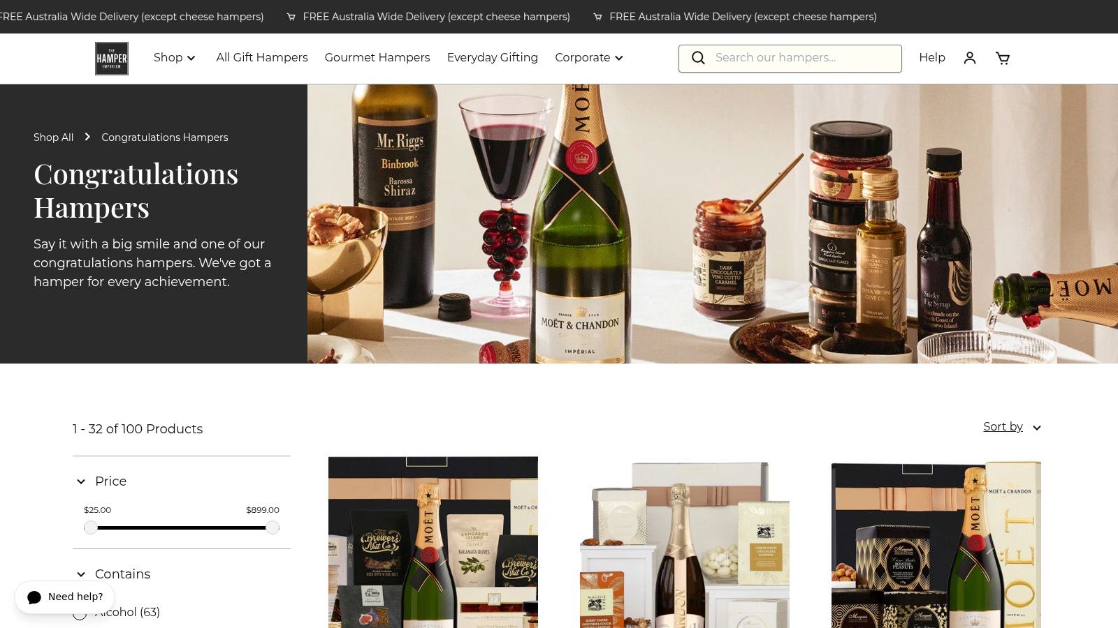 The Hamper Emporium website homepage showcasing a variety of luxury gift hampers for different occasions.