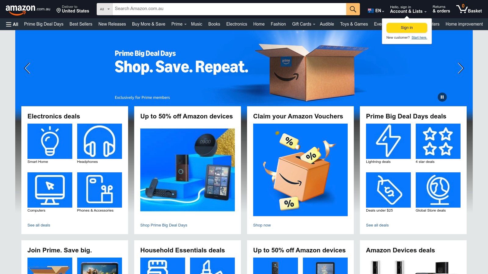 Amazon Australia website screenshot showing a variety of gift ideas.