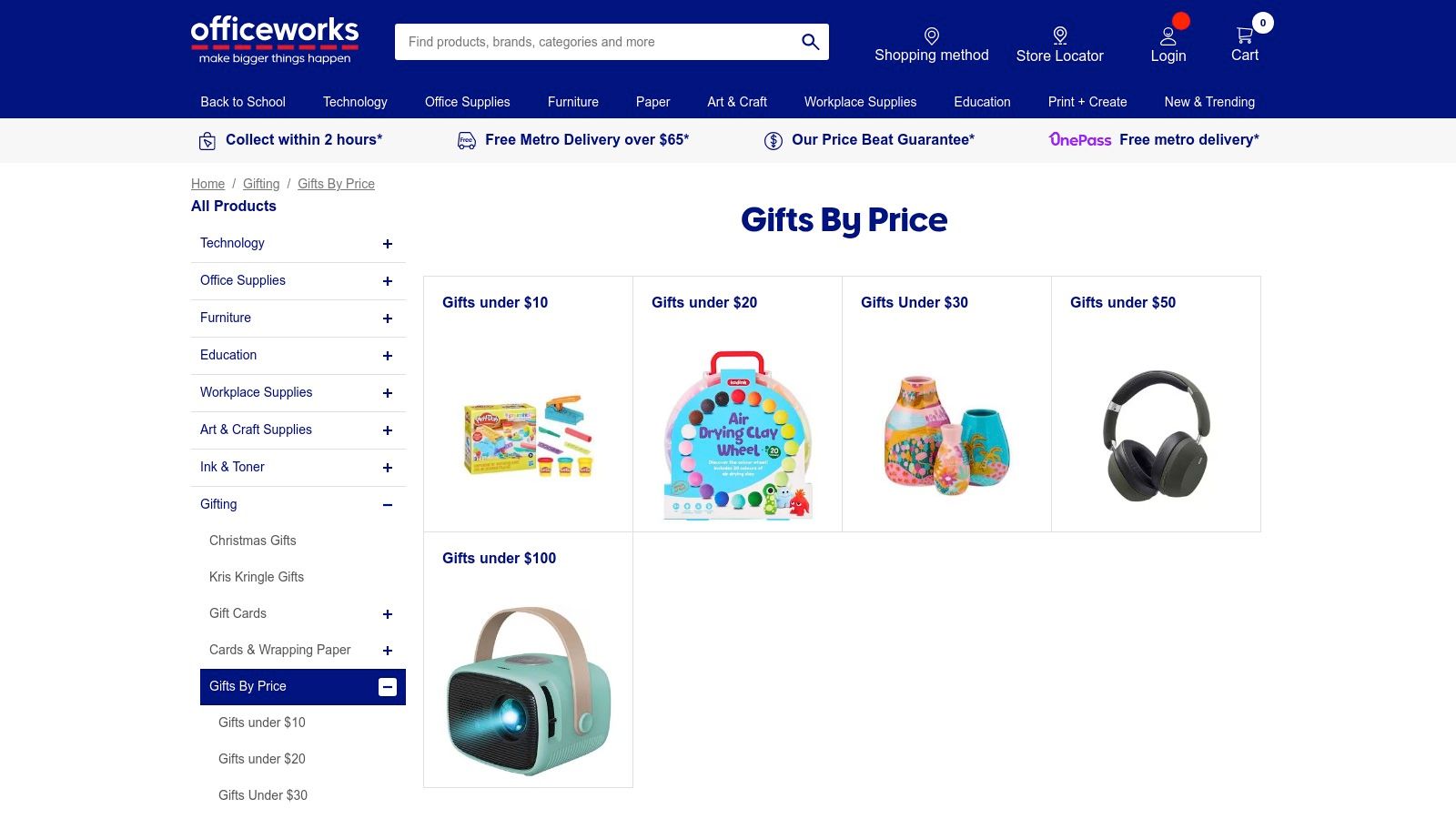 A screenshot of the Officeworks website showcasing their 'Gifts by Price' categories, including options under $10, $20, $30, and $50.