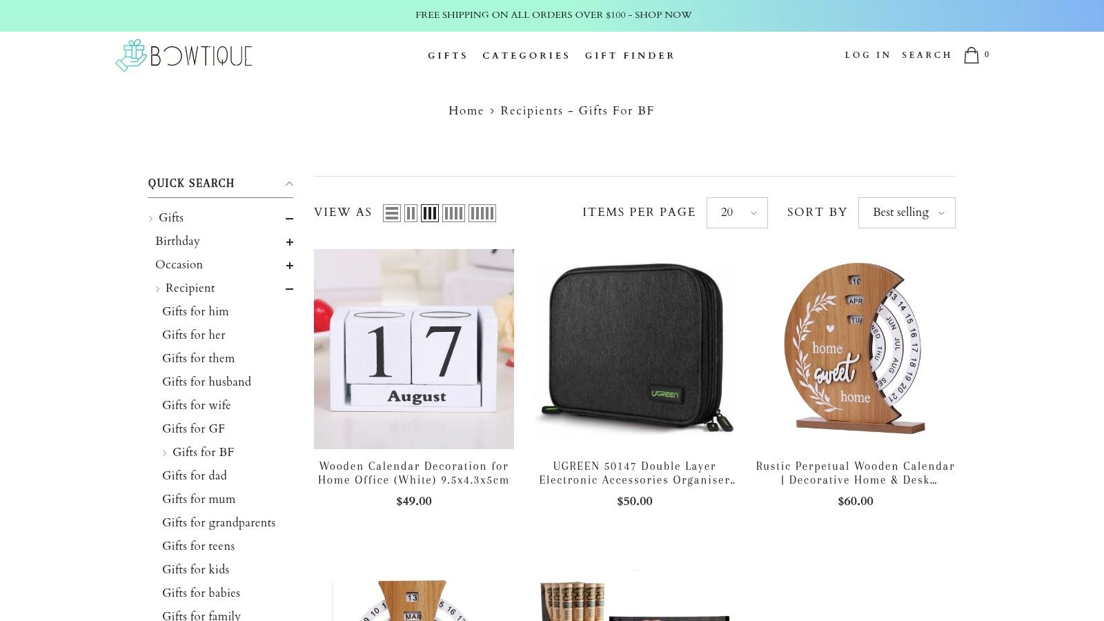 A curated collection of gifts for boyfriends displayed on the Bowtique AU website, showcasing items like custom keychains, engraved wallets, and unique gadgets.