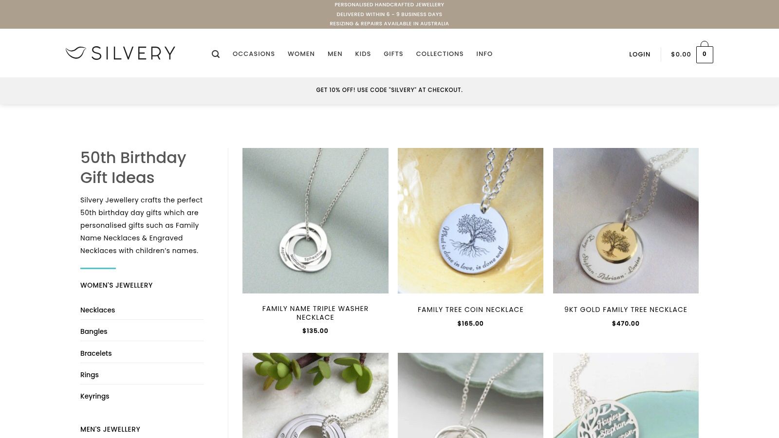 A collection of personalised silver necklaces and bracelets from Silvery Jewellery, showcasing custom engravings and family tree designs.