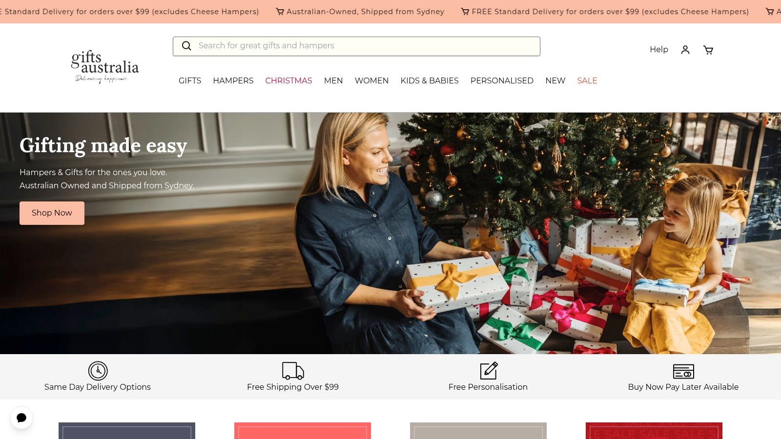 Gifts Australia website screenshot showing a collection of curated gift hampers.
