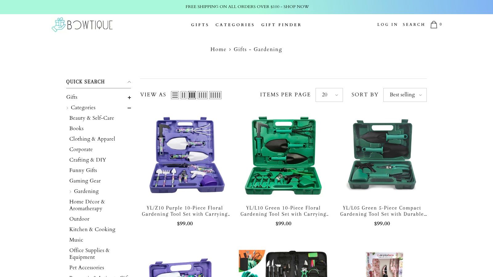 A collection of elegantly packaged gardening tool sets, including bonsai tools and floral care kits, displayed against a clean background.