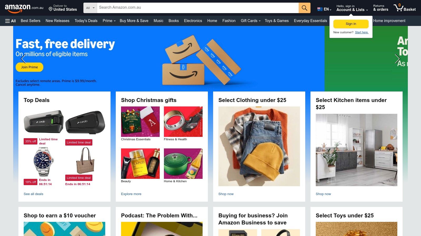 A screenshot of the Amazon Australia website showcasing its search bar and various product categories, highlighting its vast selection.