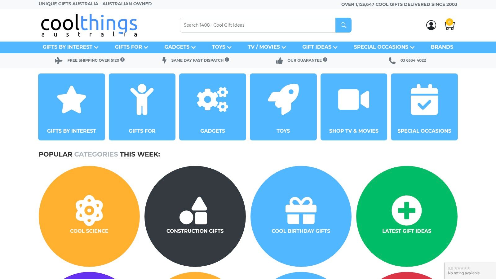 CoolThings Australia website screenshot showcasing a variety of gadgets and quirky gifts for men.
