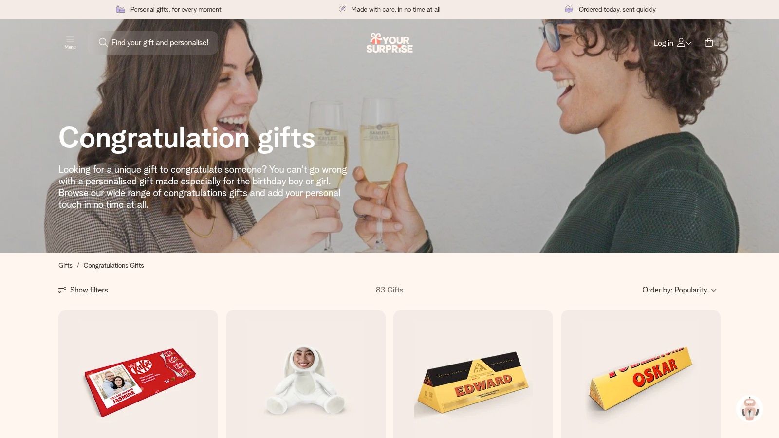YourSurprise website homepage showcasing various personalised gift options.