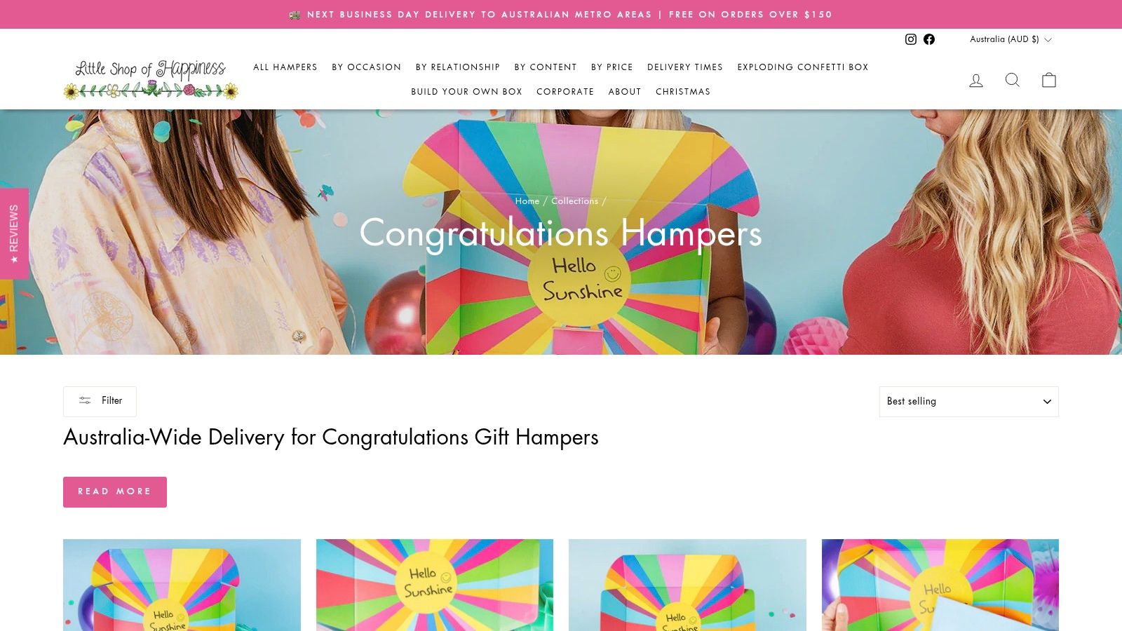 Little Shop of Happiness website showcasing a variety of colourful congratulations gift hampers.