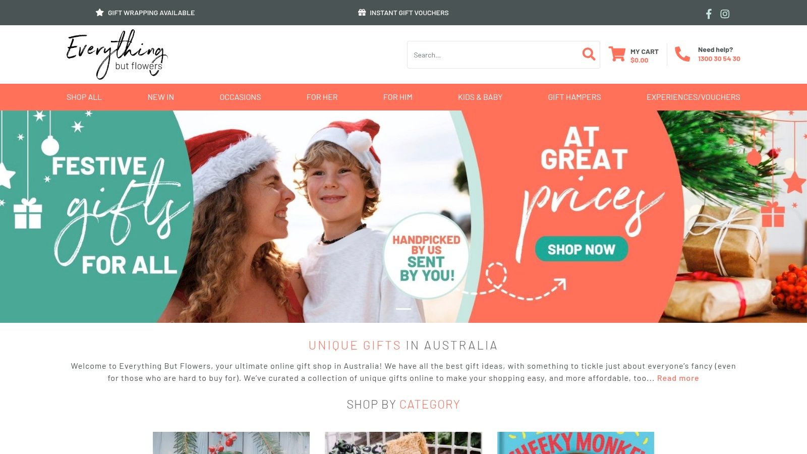Everything But Flowers website showing gift hampers and a clean user interface.