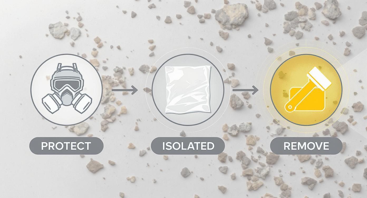 An infographic showing the process for safe mold removal, with icons for Protect, Isolate, and Remove.