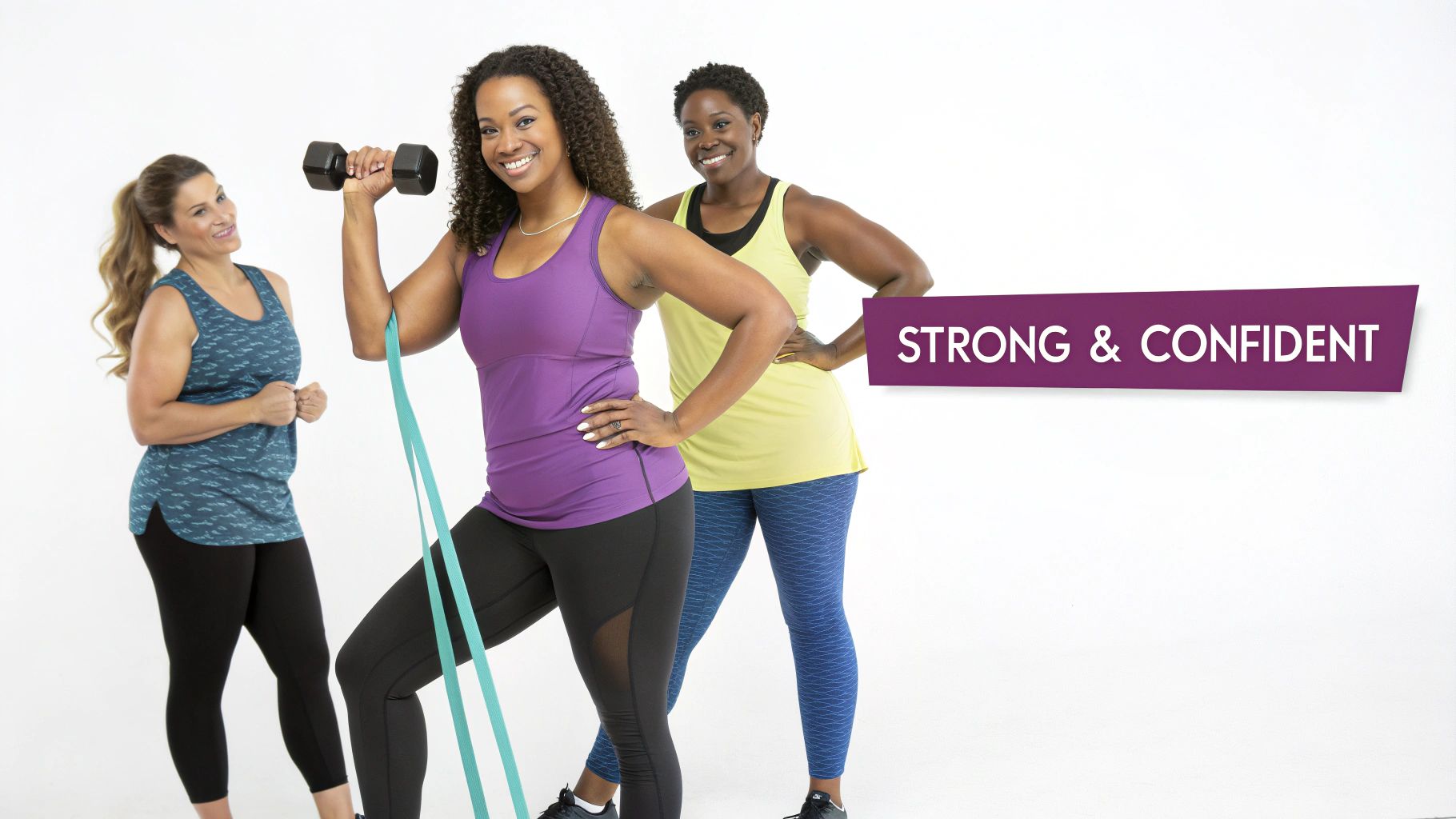 Diverse women exercising with weights and resistance bands, demonstrating strength and confidence.