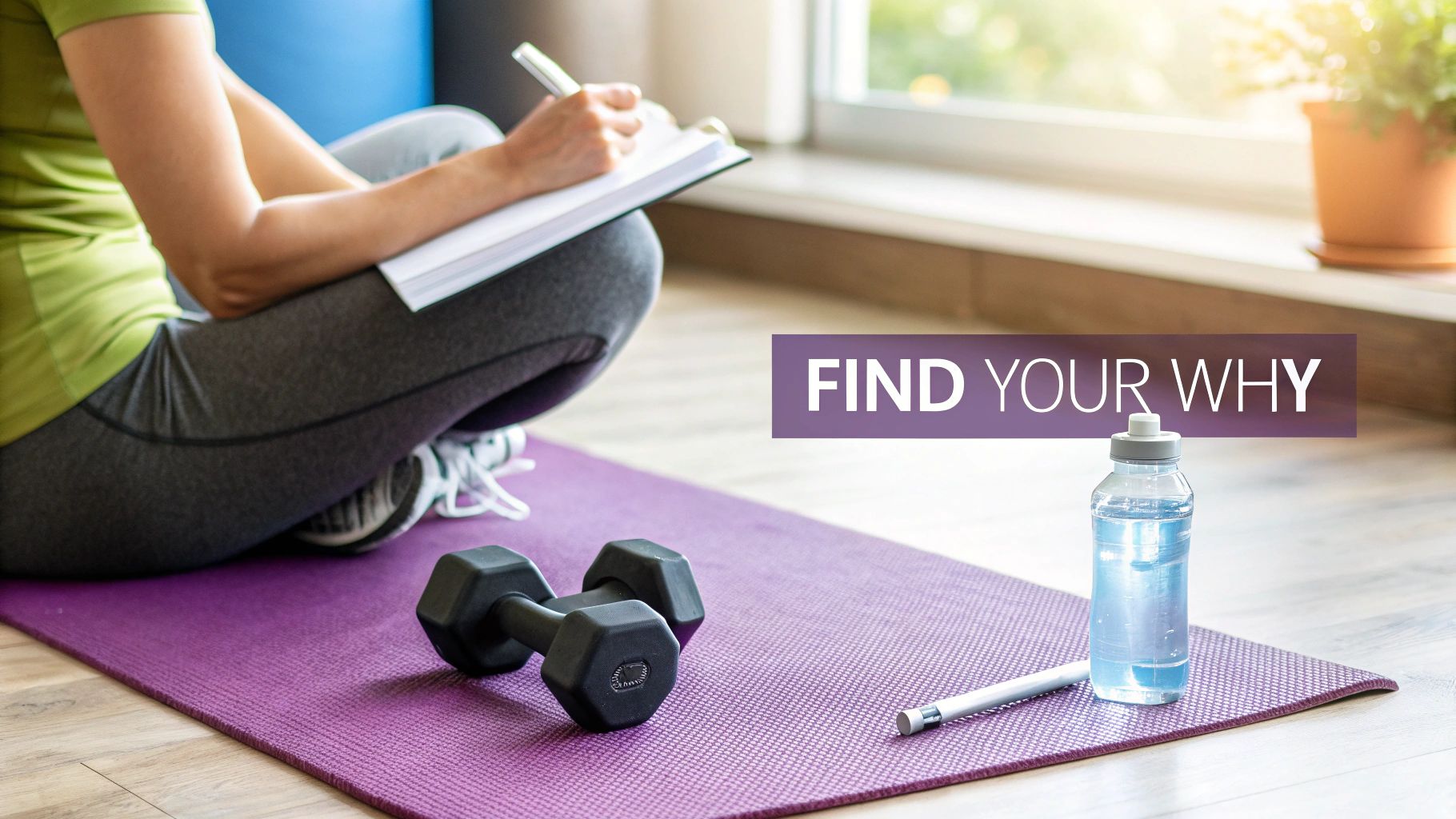 Woman writing fitness goals in notebook on yoga mat with dumbbells and water bottle nearby