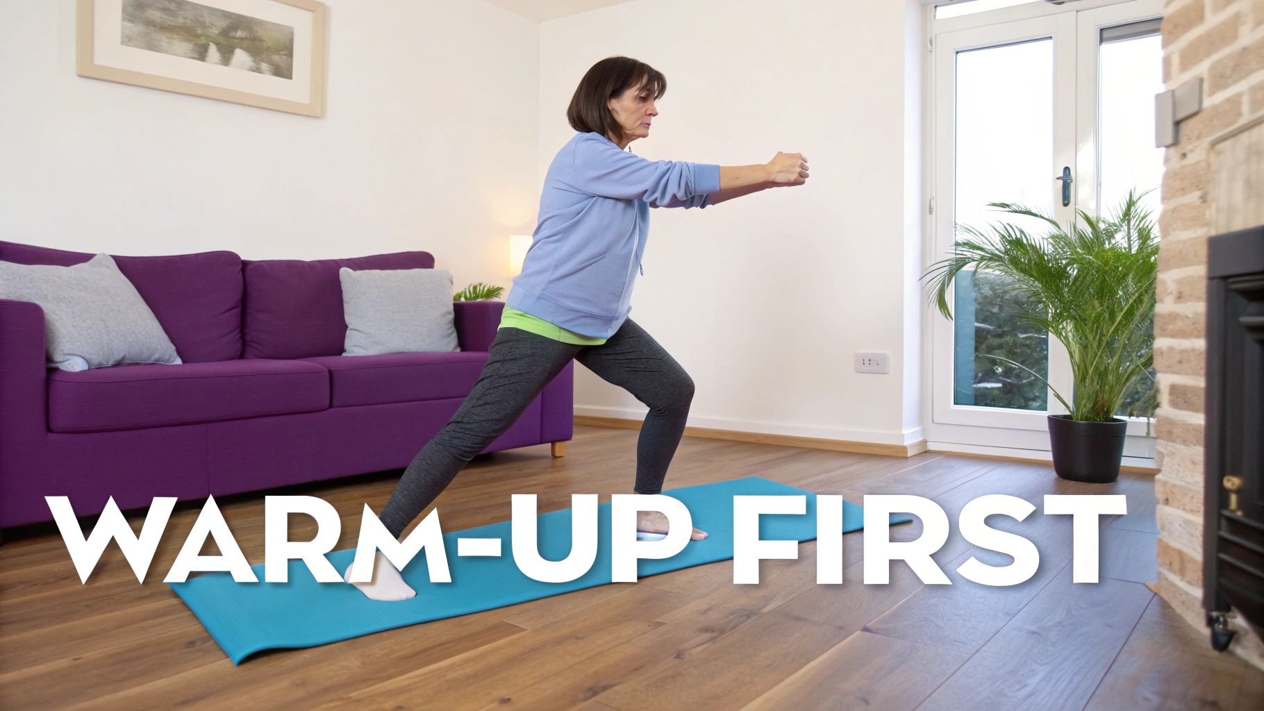 Mature woman warming up on a yoga mat in a living room, ready for exercise.