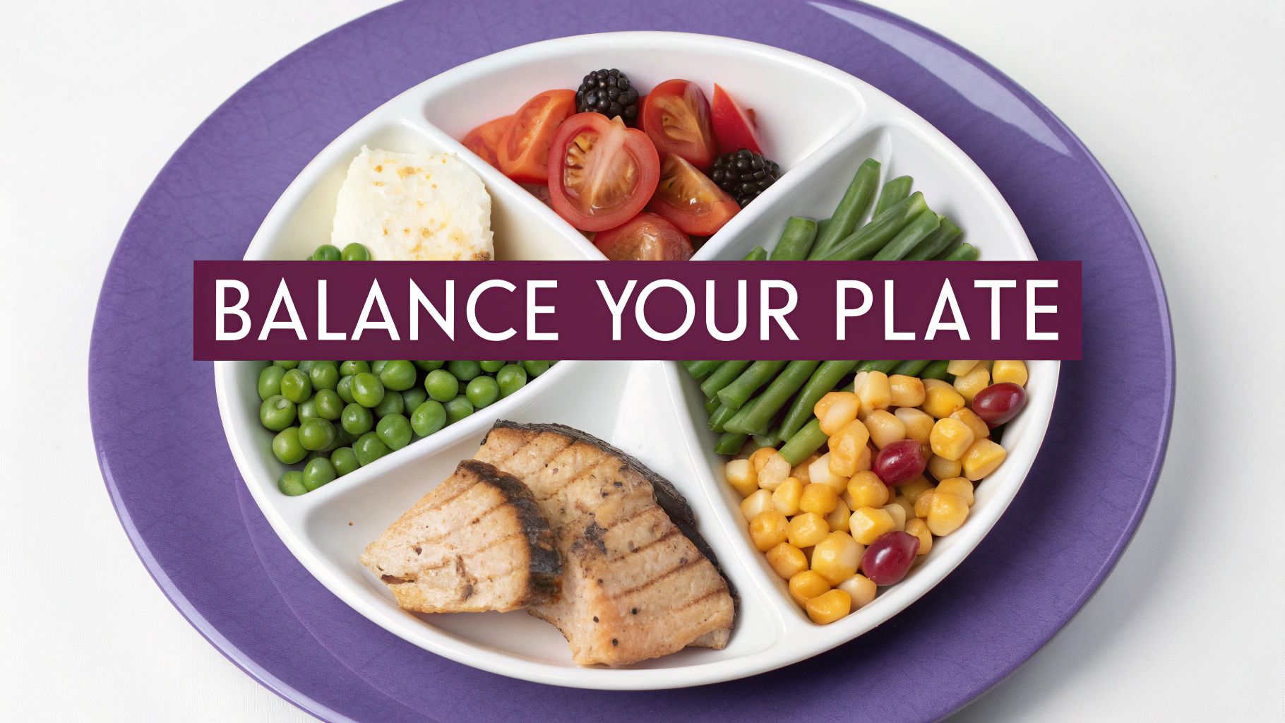 A balanced meal on a plate divided into sections for vegetables, protein, and grains.