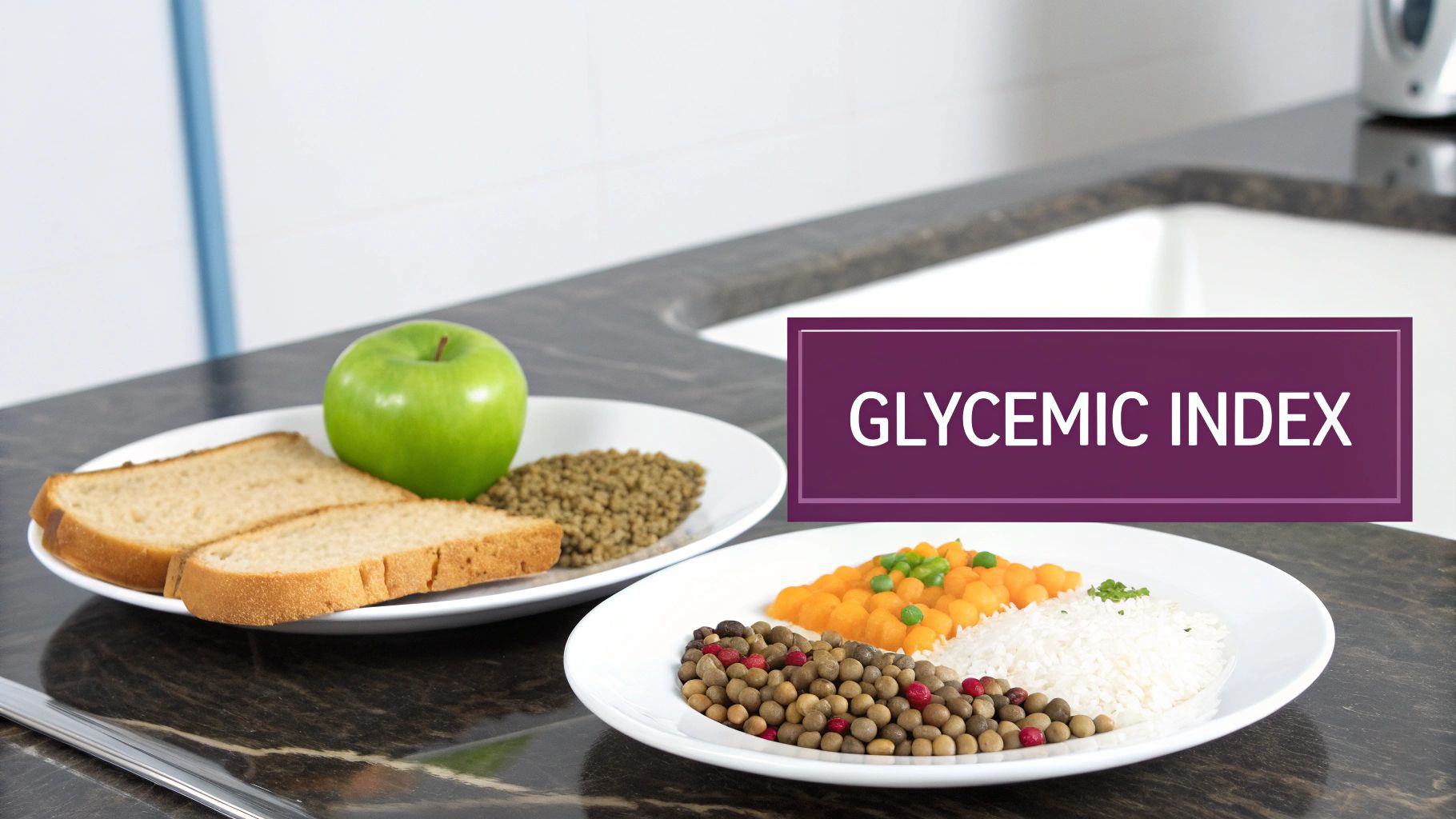 Two plates of food, with an apple, bread, rice, and grains, illustrating the Glycemic Index concept.