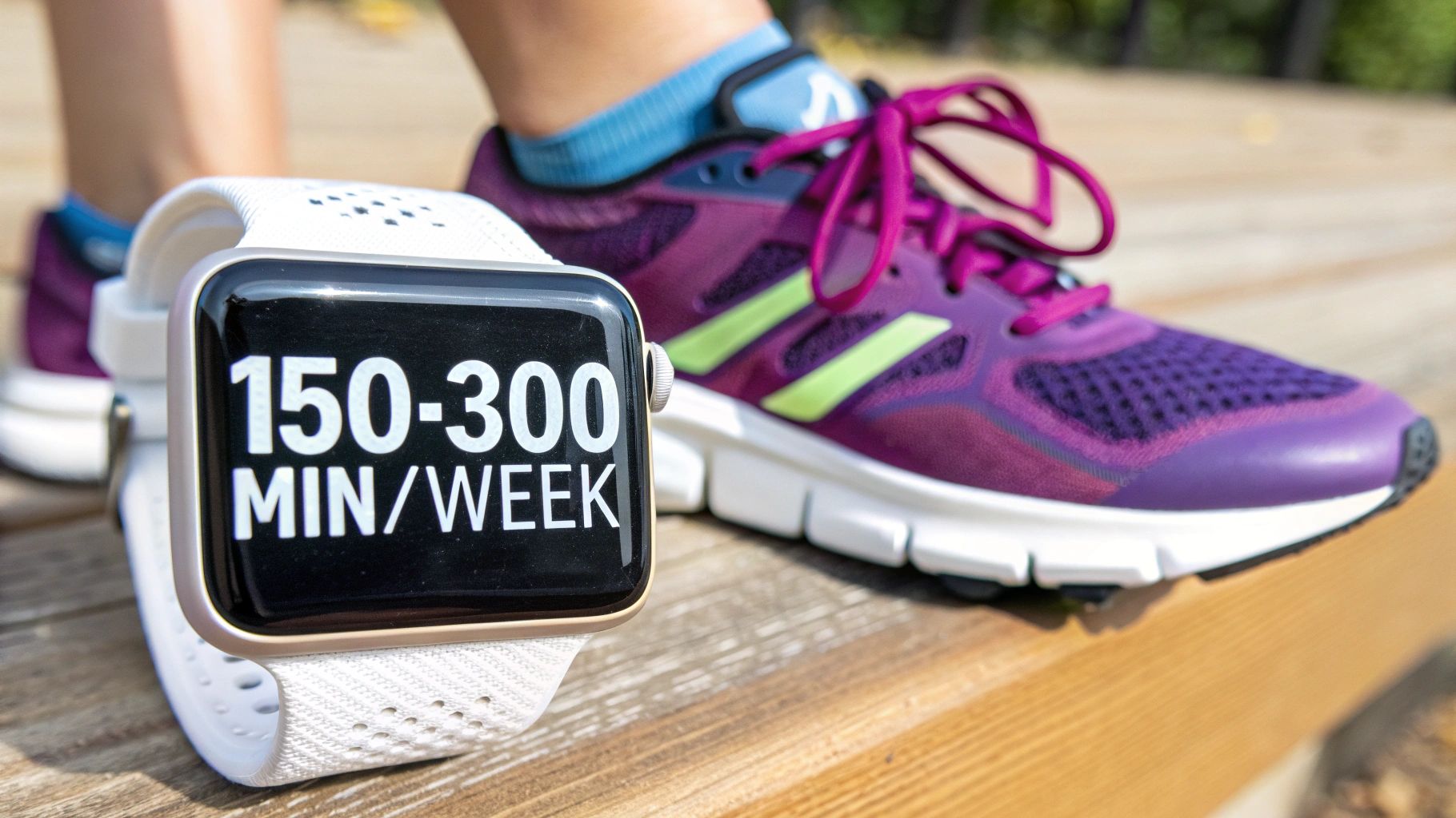 Apple Watch displaying 150-300 minutes weekly exercise goal next to a person wearing running shoes.